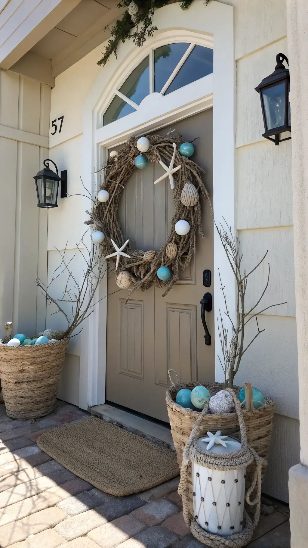 Coastal-themed door with driftwood wreath, seashells, and blue eggs