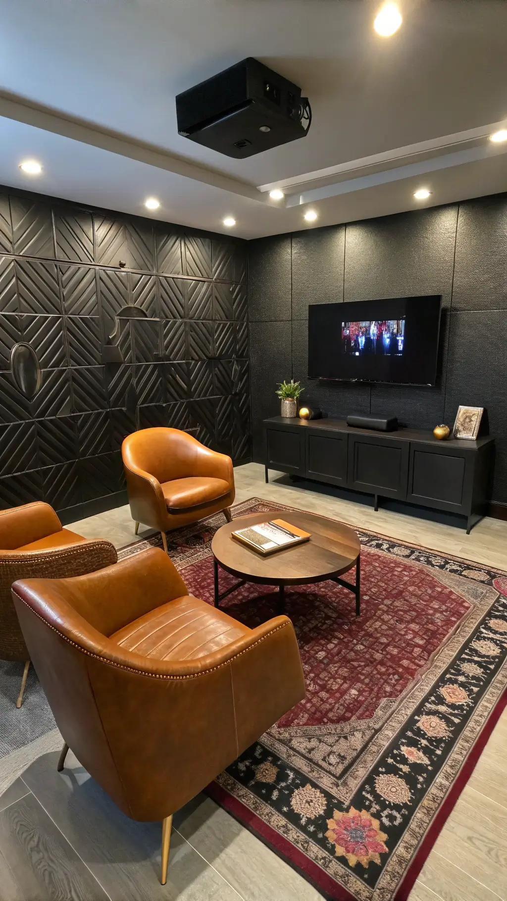 Contemporary media room with black textured accent wall and stylish furnishings