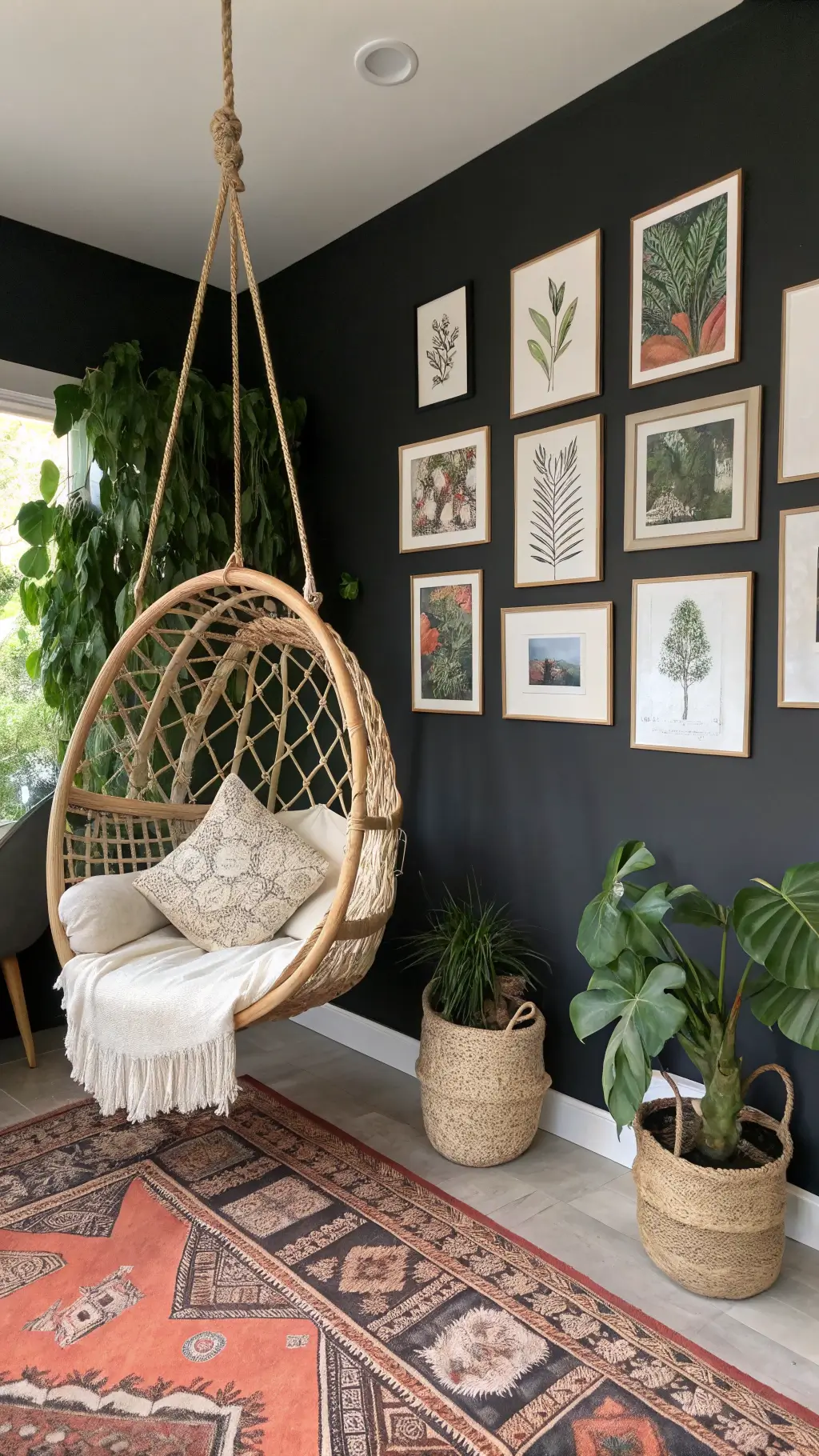 Black accent wall behind sofa in modern living room