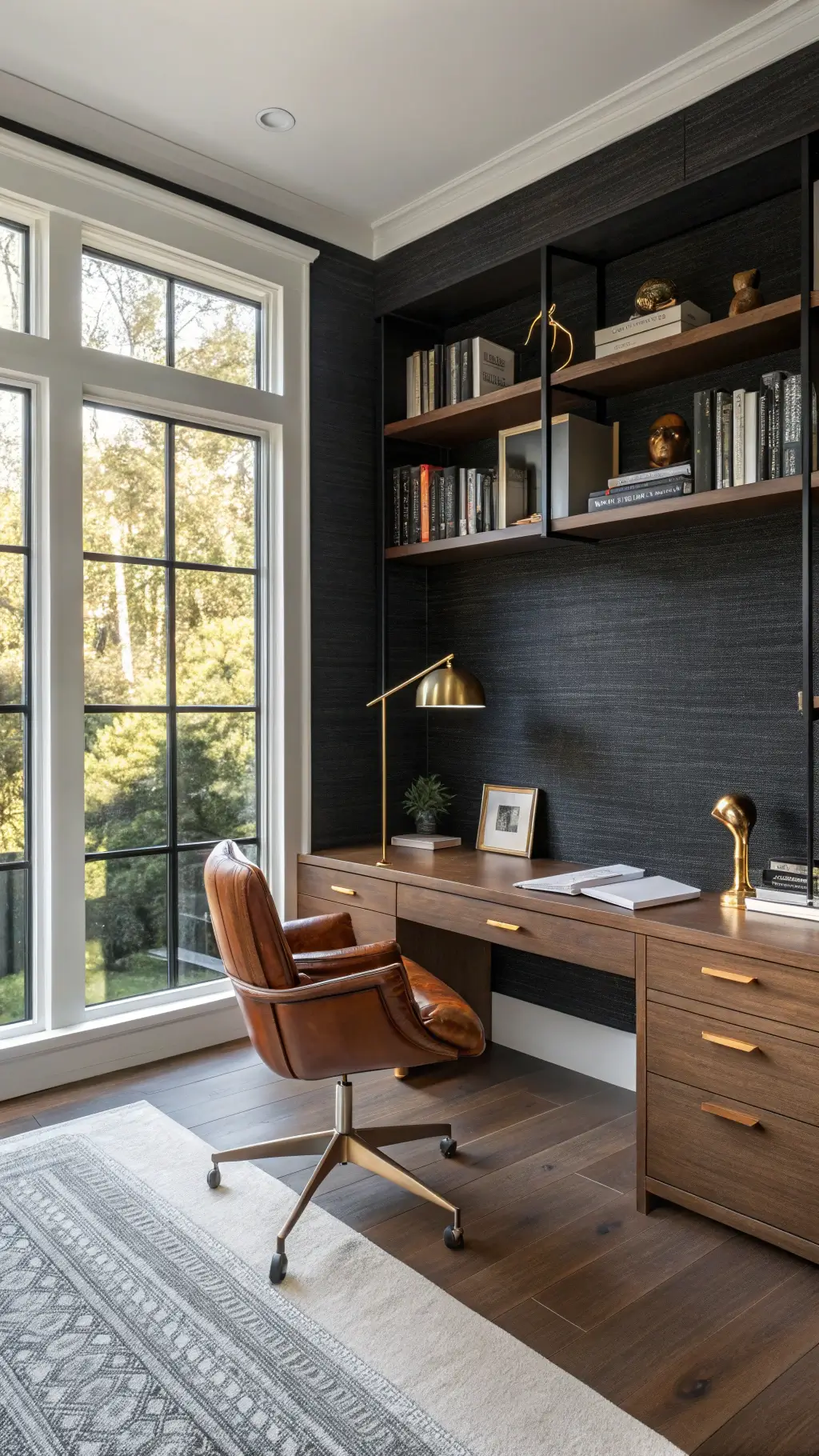 Textured black accent wall with architectural details