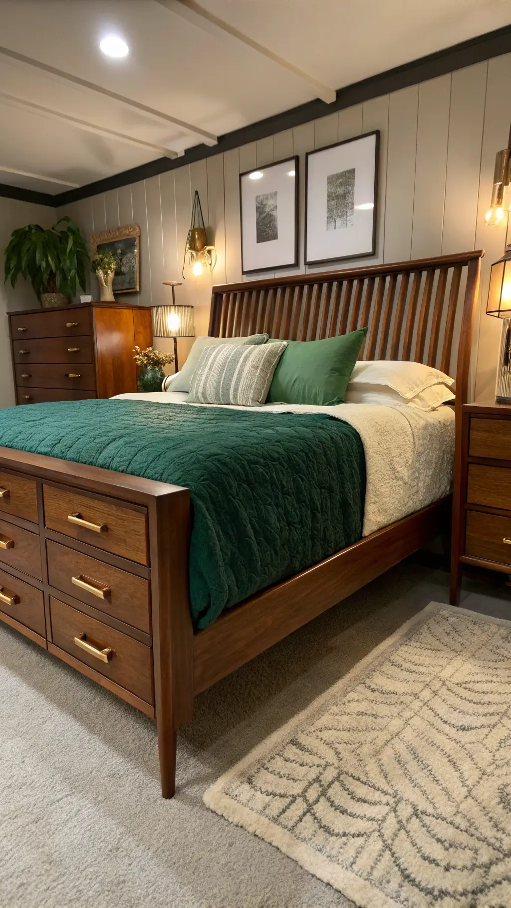 Mid-century bedroom with teak storage bed and vintage brass handles