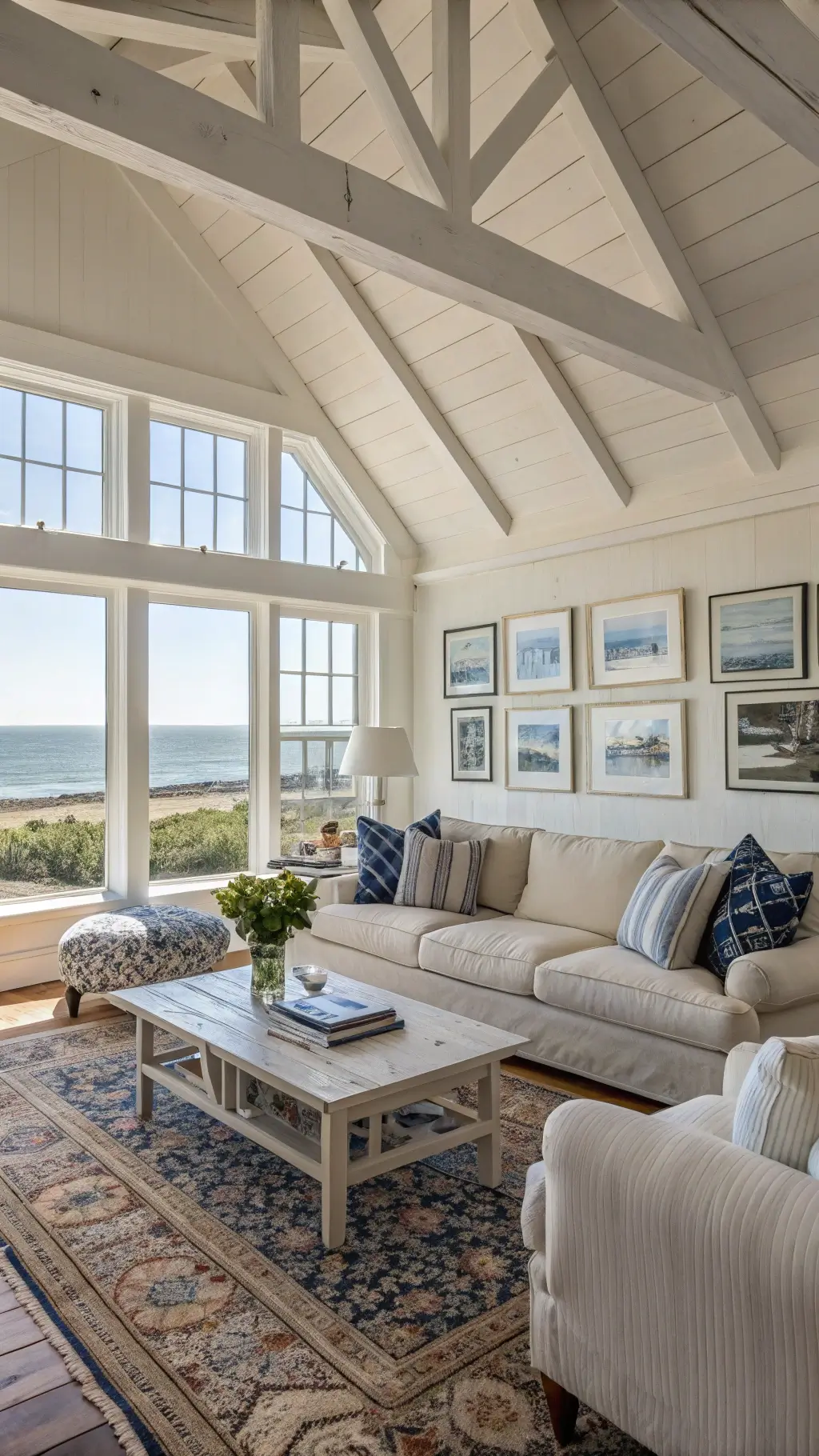 Bright living room with ocean views, cream sofa, driftwood coffee table, and vintage beach photos