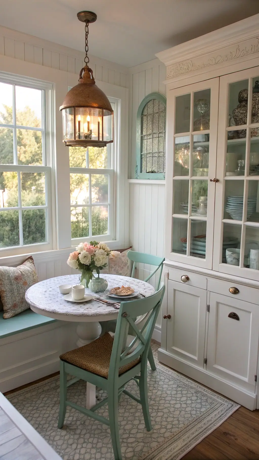 Cozy breakfast nook with seafoam green chairs, distressed white table, and copper pendant lighting