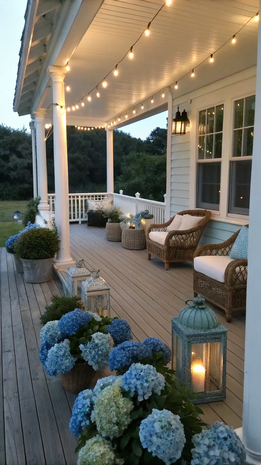 White wooden porch at twilight with wicker furniture, coastal blue cushions, string lights, and weathered lanterns