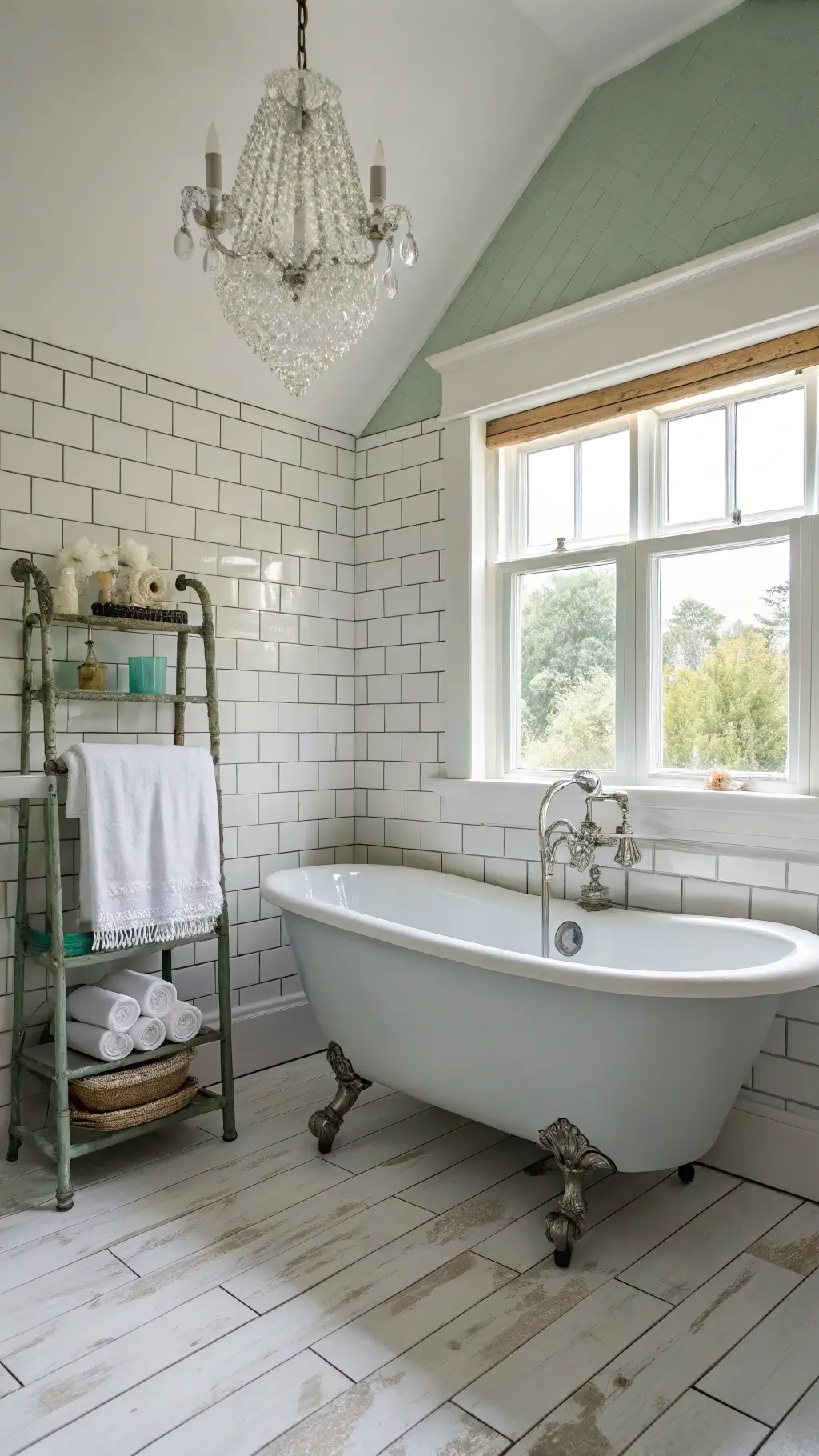 Vintage-inspired bathroom with clawfoot tub, seafoam walls, crystal chandelier, and whitewashed floors