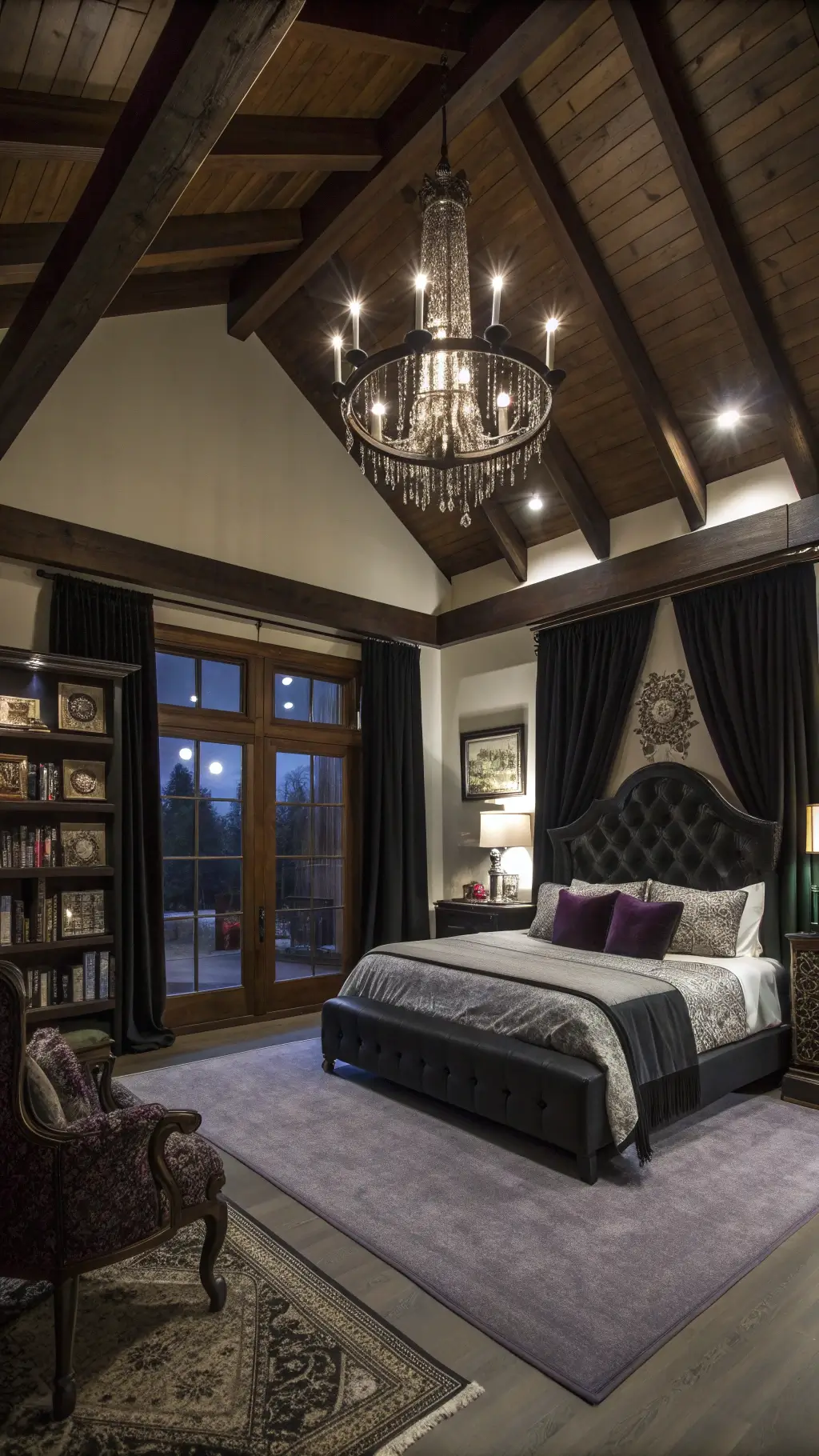 Moonlit gothic bedroom with velvet furnishings and tarot cards