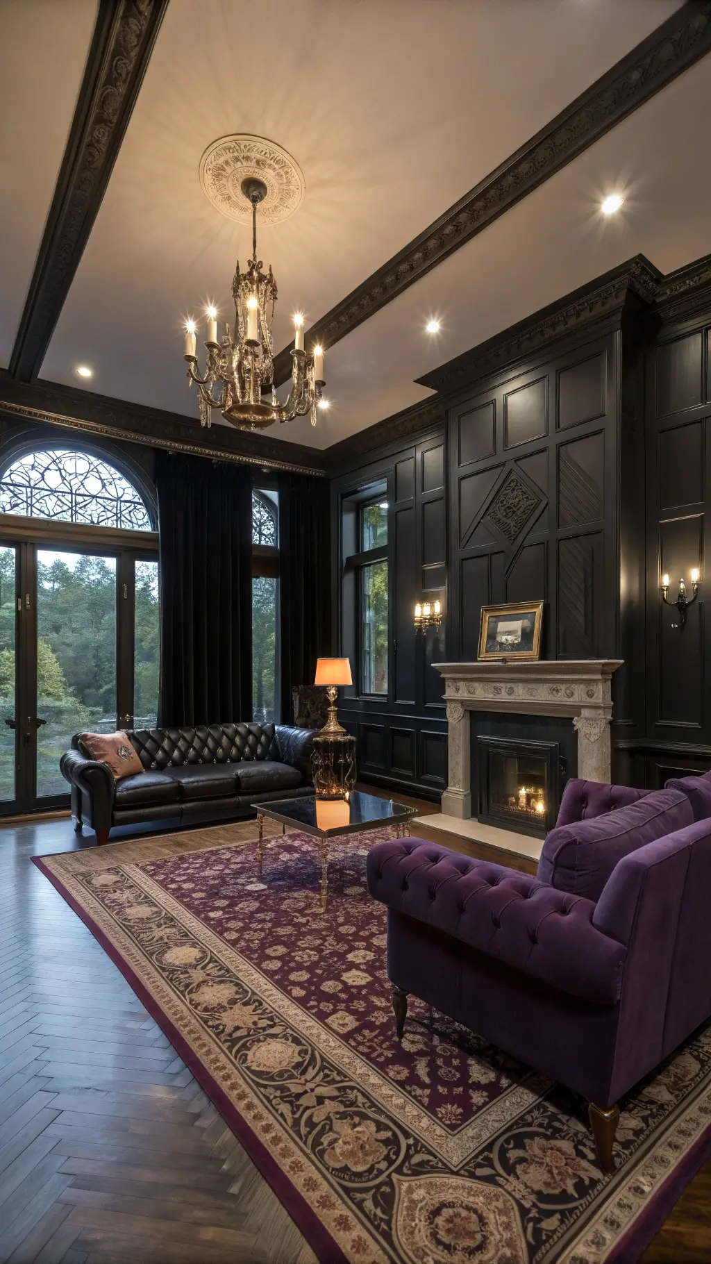 Gothic living room with velvet drapes and antique Persian rug