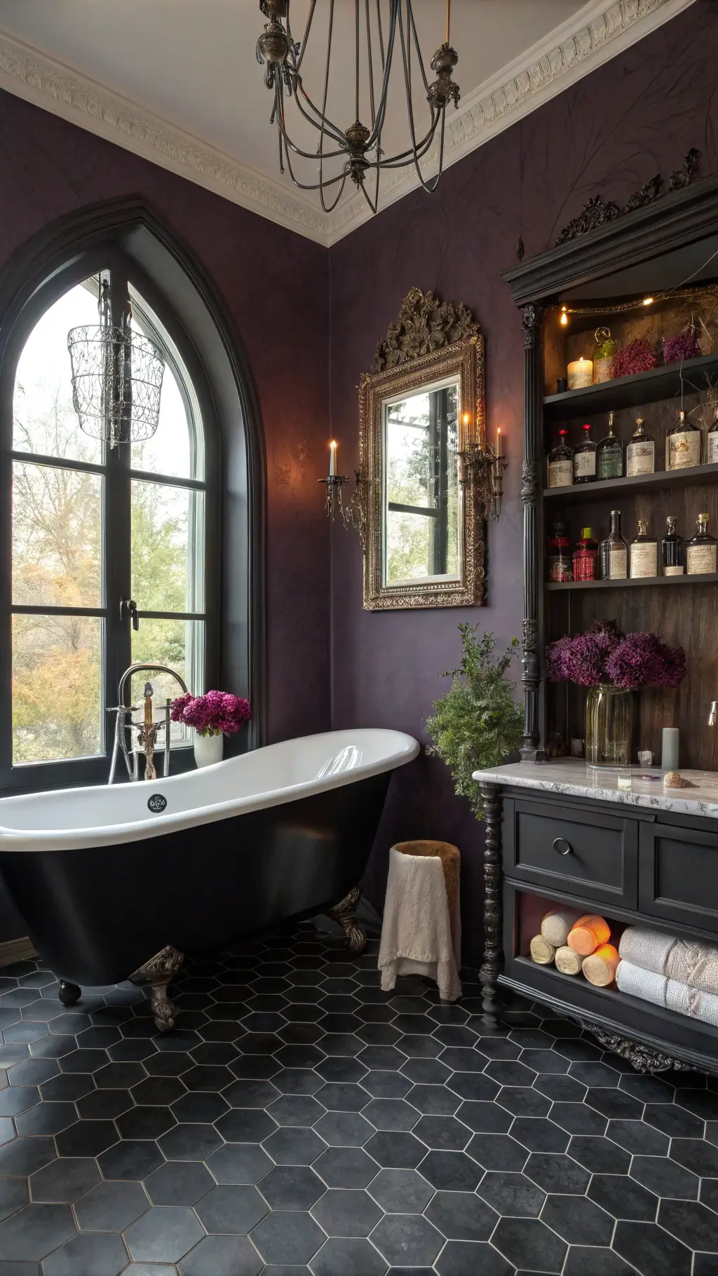Bathroom with matte black clawfoot tub and dark burgundy walls