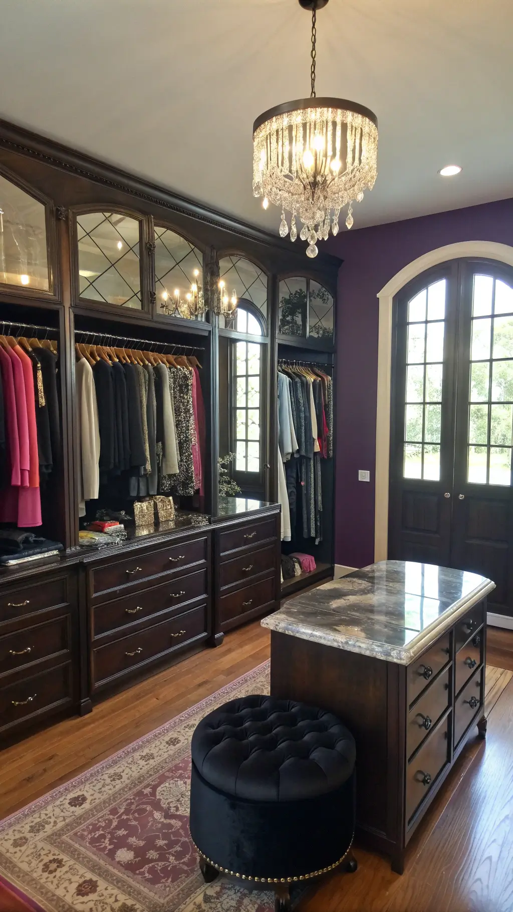 Gothic dressing room with ebony wardrobes and vintage vanity