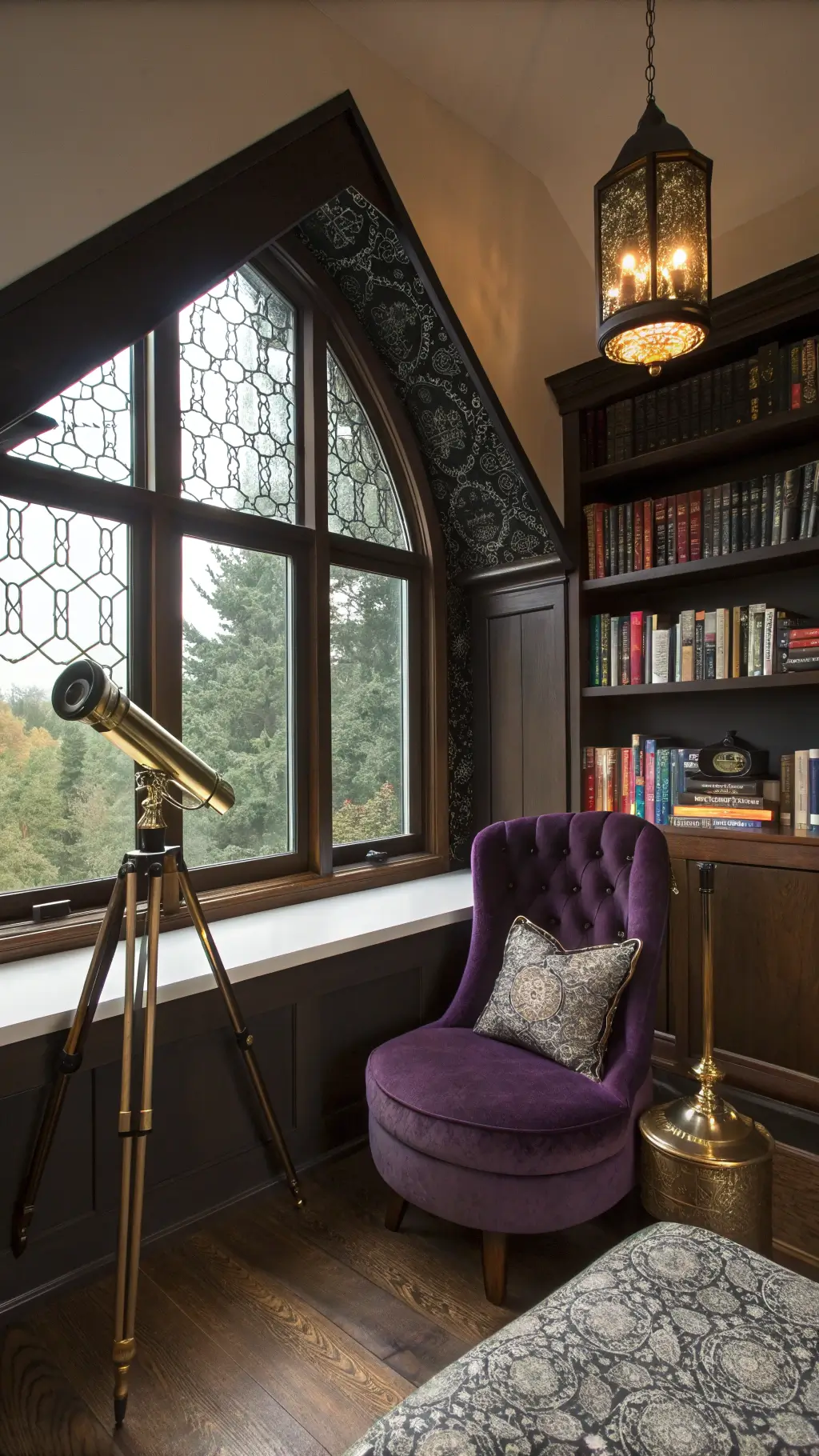 Reading nook with dark wood bookshelves and velvet chair