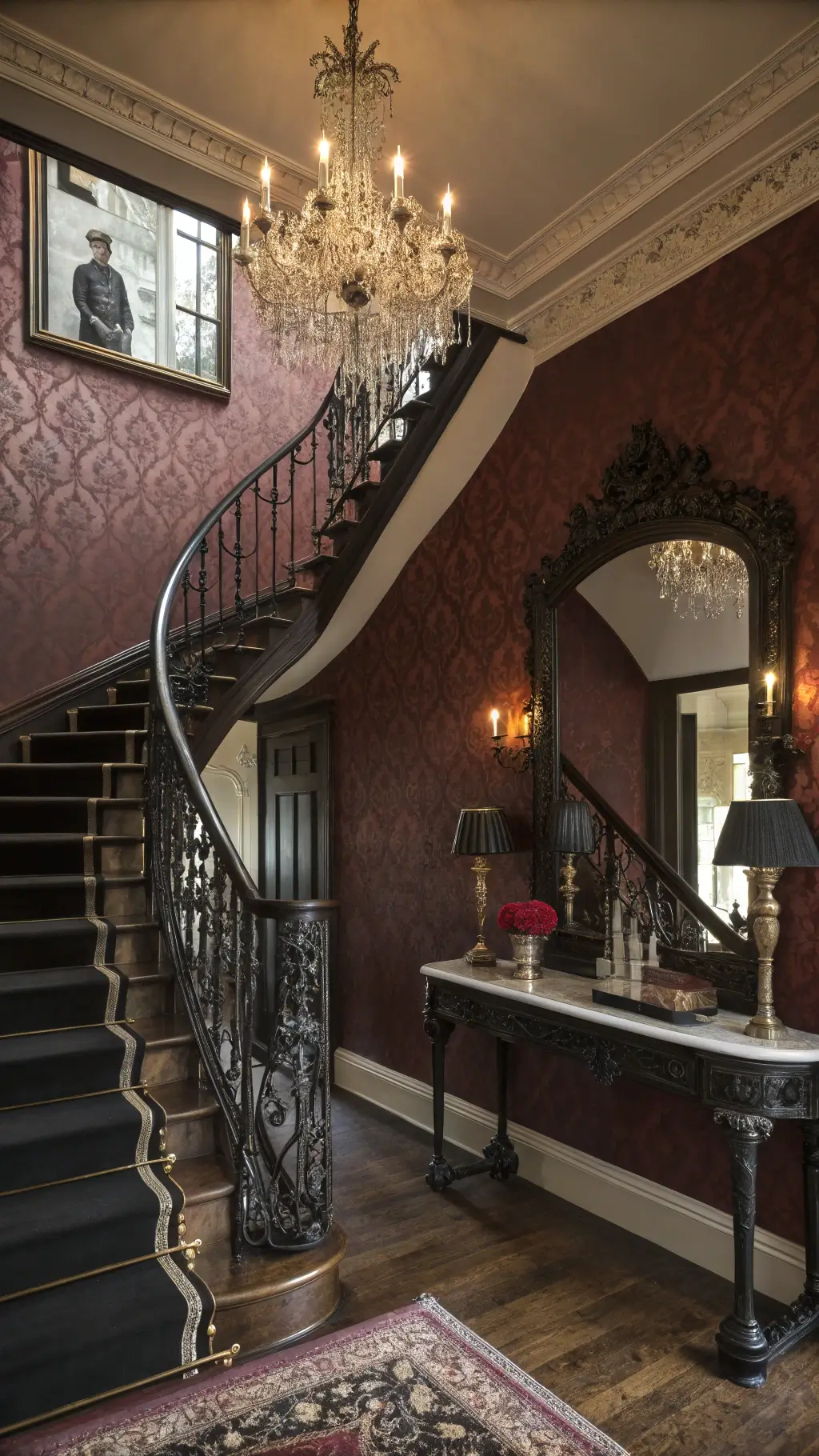 Victorian staircase with gothic mirror and crystal chandelier