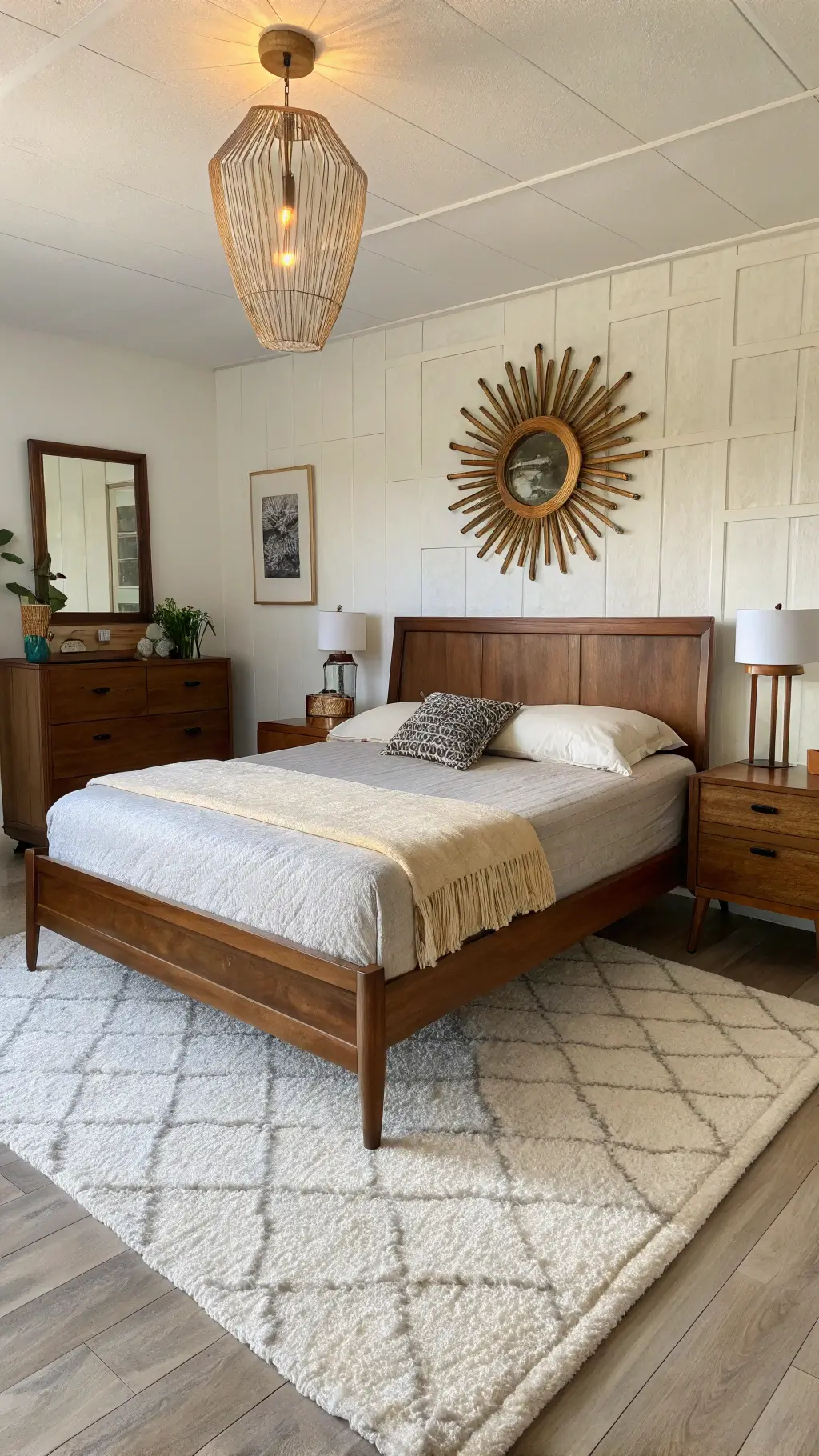 Mid-century modern bedroom with Danish walnut furniture and geometric rug