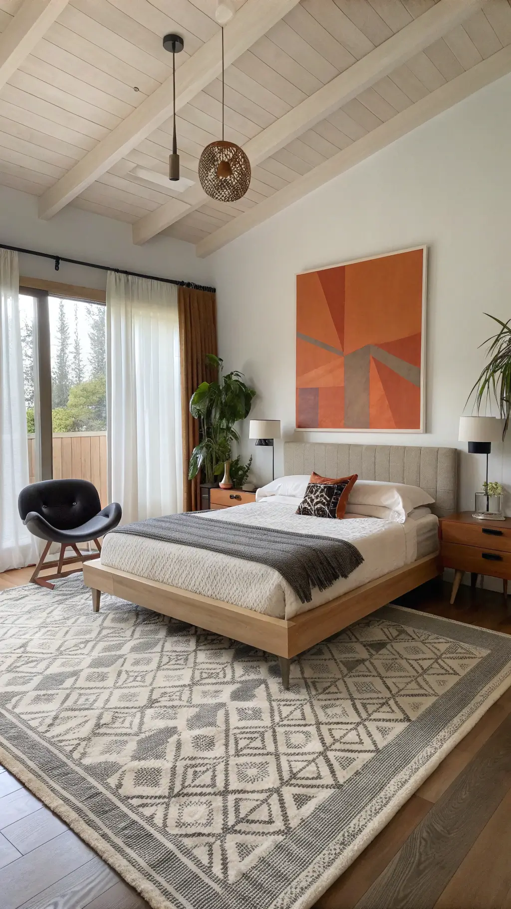 Mid-century modern bedroom with black leather butterfly chair and brass floor lamp