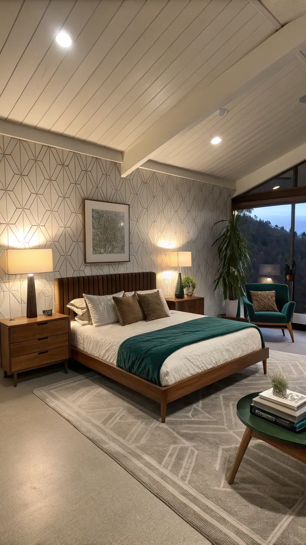 Mid-century modern bedroom with emerald velvet chair and walnut slat bed