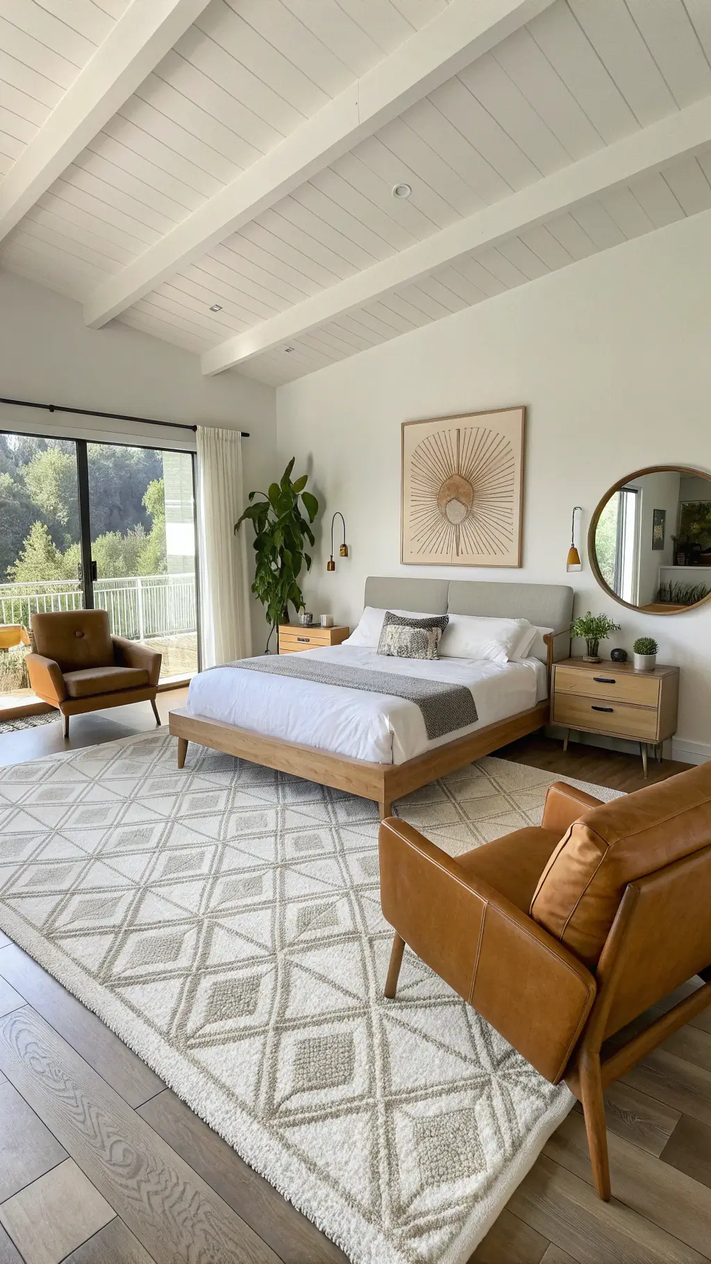 Mid-century styled bedroom with platform bed, leather lounge chairs, geometric rug, and brass mirror