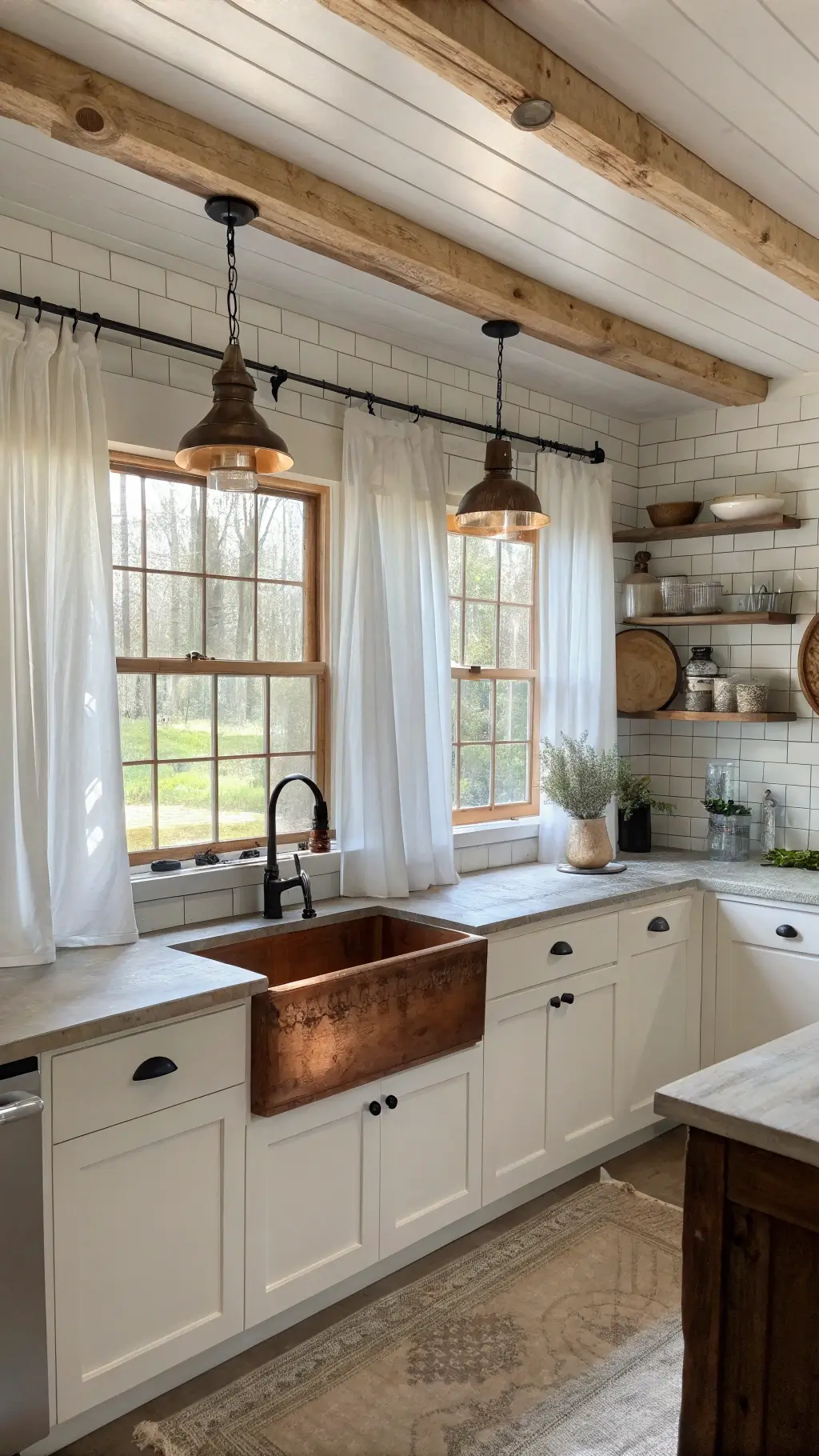 rustic farmhouse kitchen with wooden beams white shiplap walls copper sink soapstone counters reclaimed wood island and vintage pendant lights