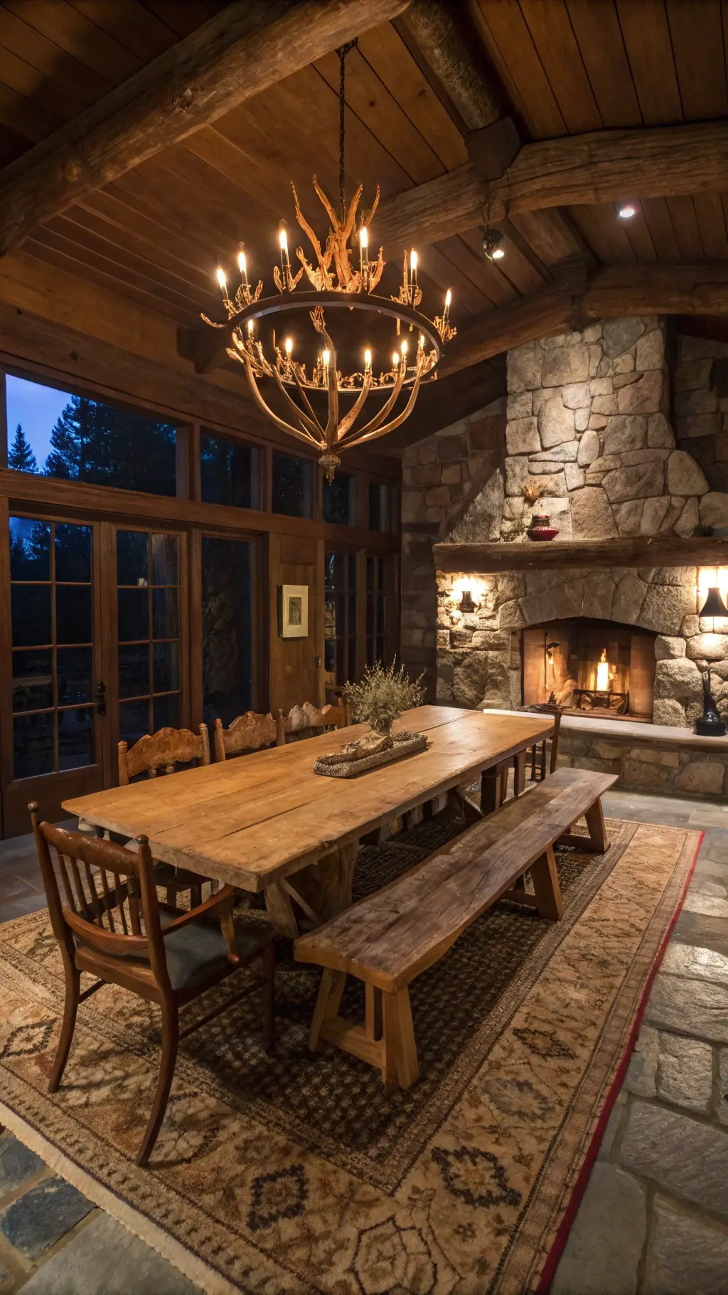 rustic elegant dining room in mountain cabin with distressed walnut table vintage chairs stone fireplace and copper vessels