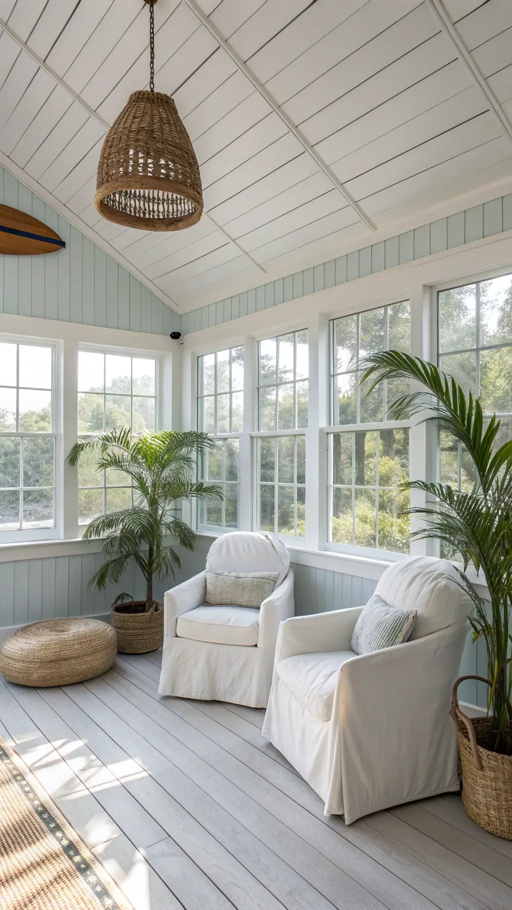 Bright, spacious sunroom with window walls and blue-gray ceiling, featuring two white chairs, a rope pouffe, palm plants, a hanging pendant light, surfboard in corner, and wood plank flooring, bathed in midday light