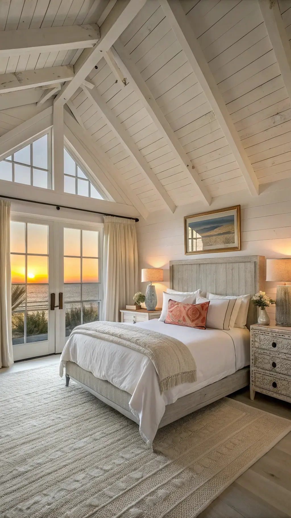 Cozy coastal bedroom with king-sized bed, vaulted ceiling with white beams, weathered gray nightstands, and large mirror reflecting sunset light, captured from a low-angle during golden hour.
