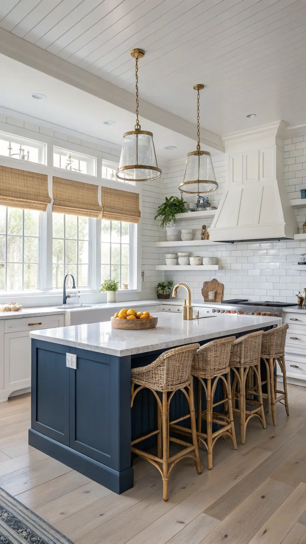 Modern coastal kitchen with white subway tile backsplash, marble countertops, navy blue island with brass hardware, rattan counter stools, open shelving with white ceramics and sea glass, and bleached oak cabinets. Captured under soft morning light mixed with under-cabinet lighting for a clean, sophisticated coastal mood.