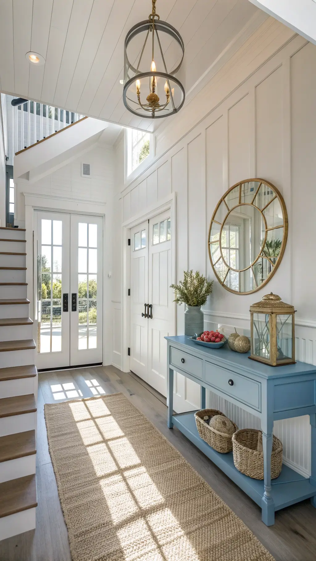 Bright, inviting 10x12ft coastal-themed entryway with white board and batten walls, a vintage blue console table adorned with shells and coral under a gold mirror, a natural fiber runner leading to a staircase with a rope handrail, and an oversized glass lantern pendant casting geometric shadows.