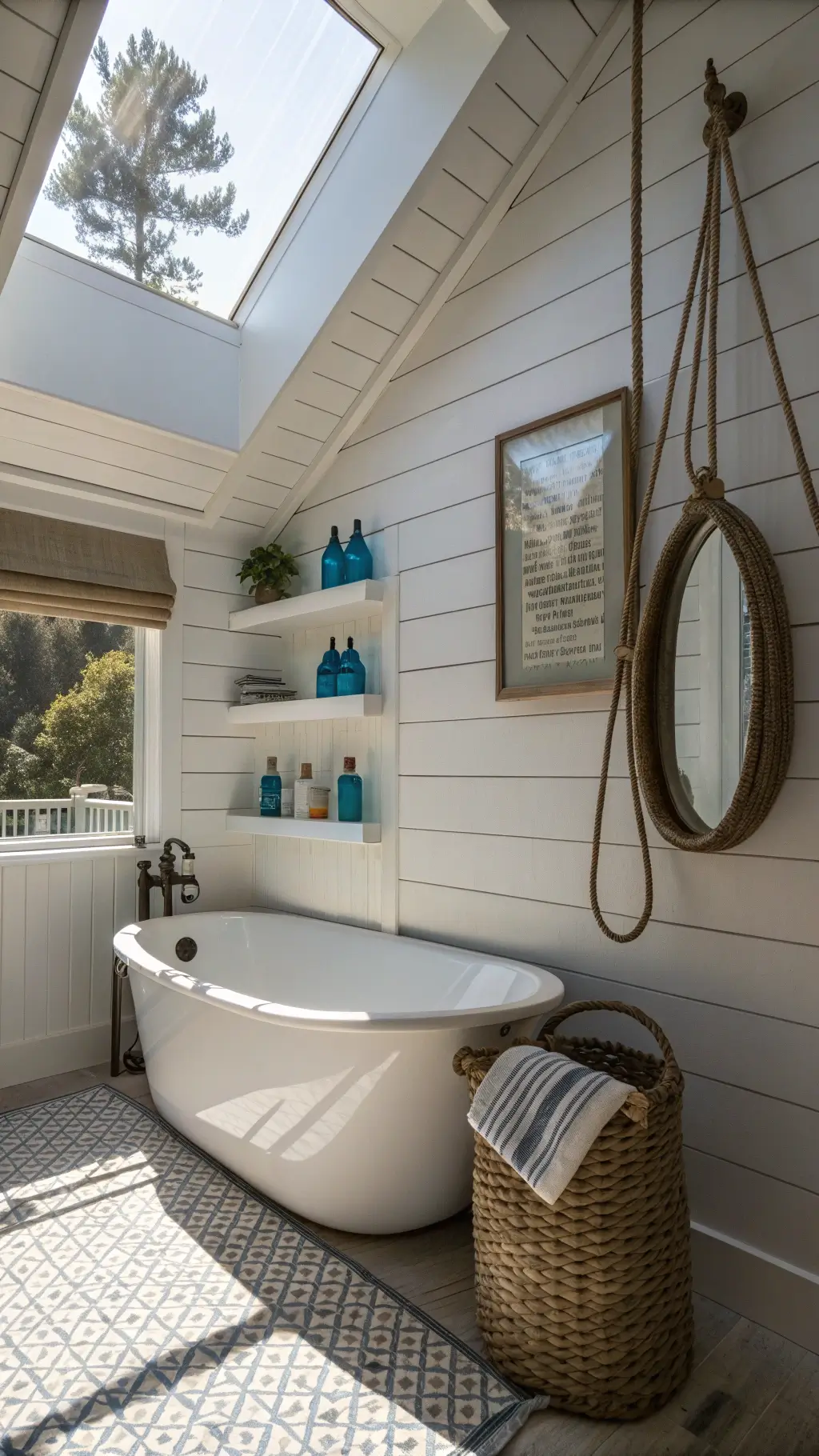 Spa-like coastal bathroom with white shiplap walls, a freestanding tub beneath a window, basketweave tile floor, and vintage blue glass bottles on floating shelves, lit by a skylight and sconce lighting.