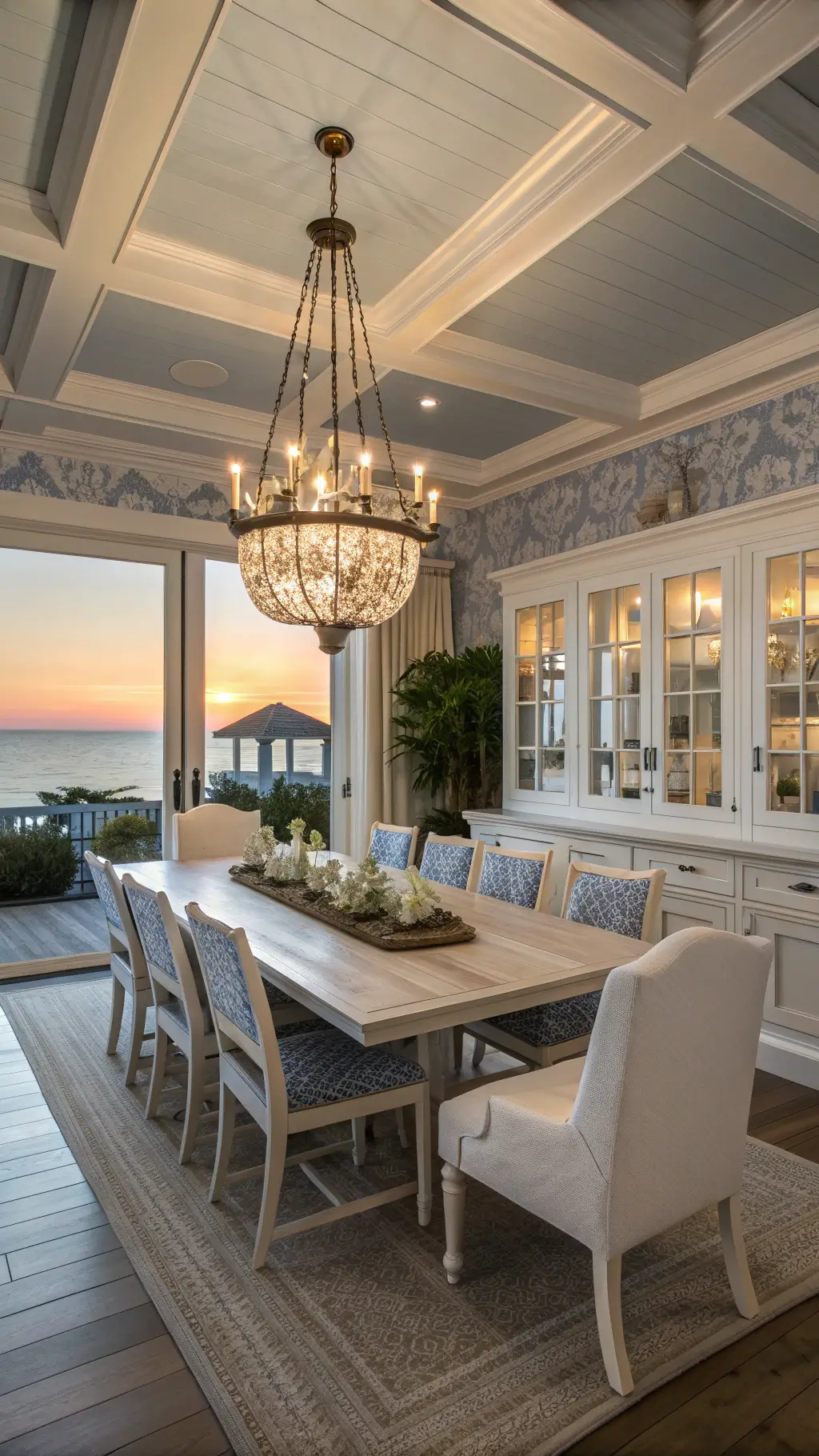 Elegant coastal dining room during sunset with gray coffered ceiling, whitewashed table set for eight, capiz shell chandelier, built-in cabinets with chinoiserie, and textured wallpaper, offering a sophisticated spot for entertaining.