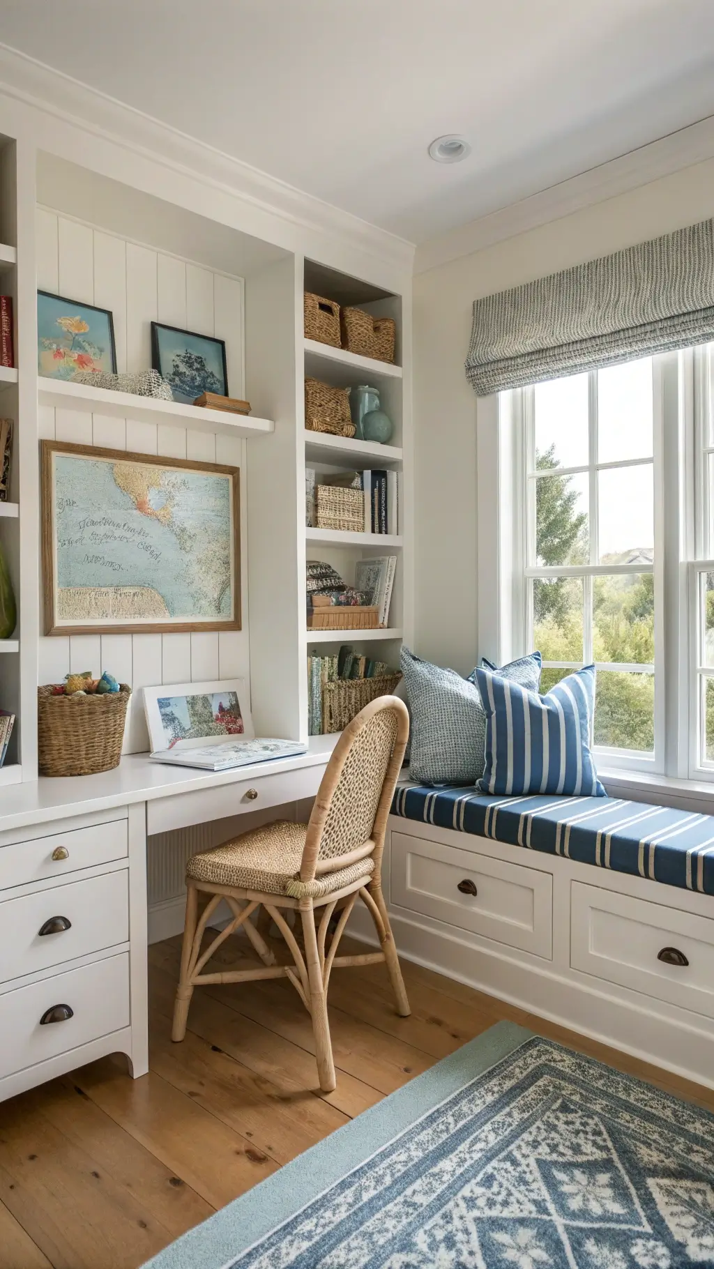 Coastal office nook featuring built-in white shelving, white desk, rattan chair, blue striped cushions, maritime wall décor, woven baskets, bathed in gentle afternoon light overlooking a lush garden.