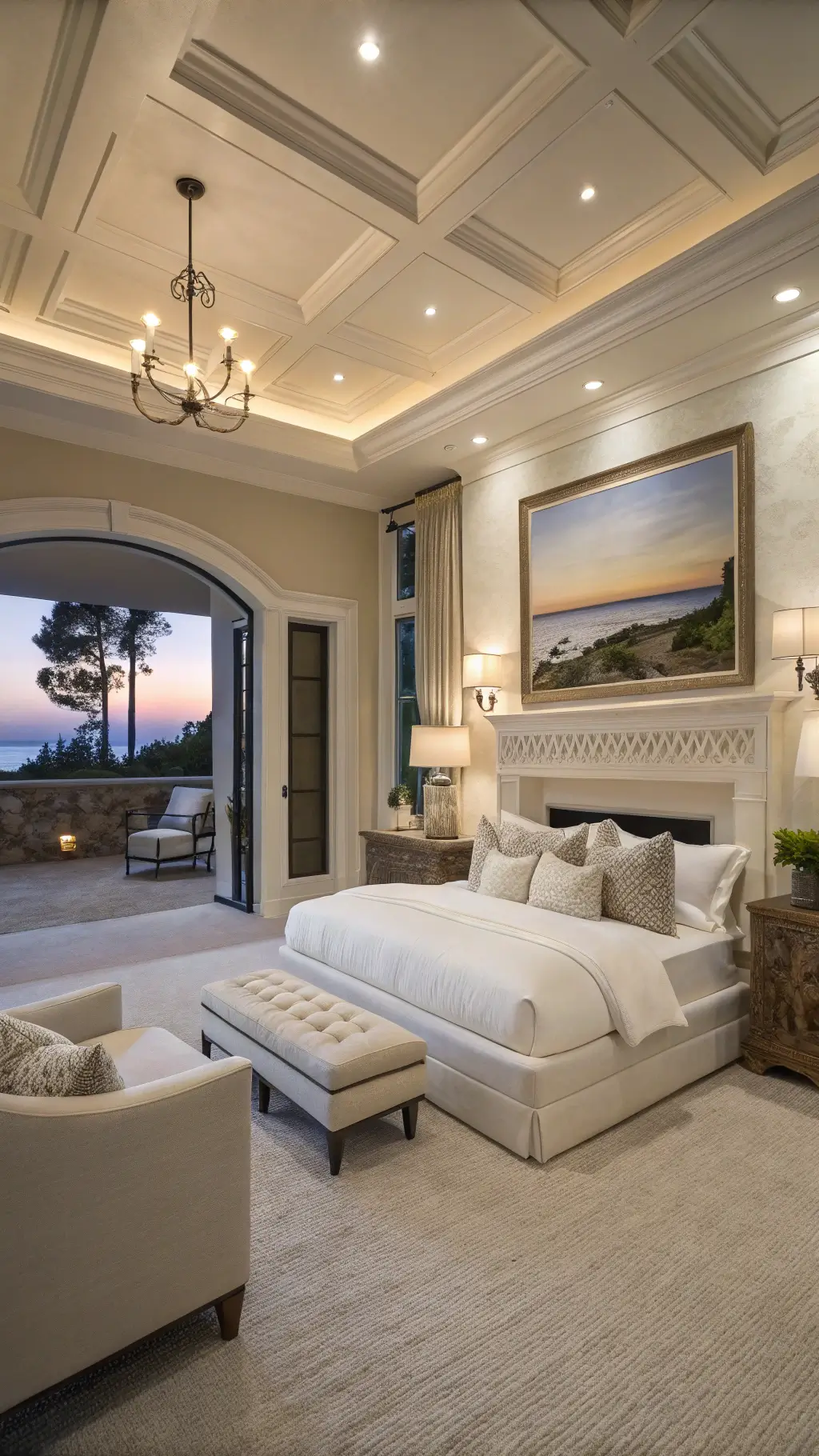 Luxurious primary suite at twilight with tray ceiling detail, curved white linen sofa, abstract seascape above limestone fireplace, driftwood side tables with mercury glass lamps, and plush sandy-toned wool carpet