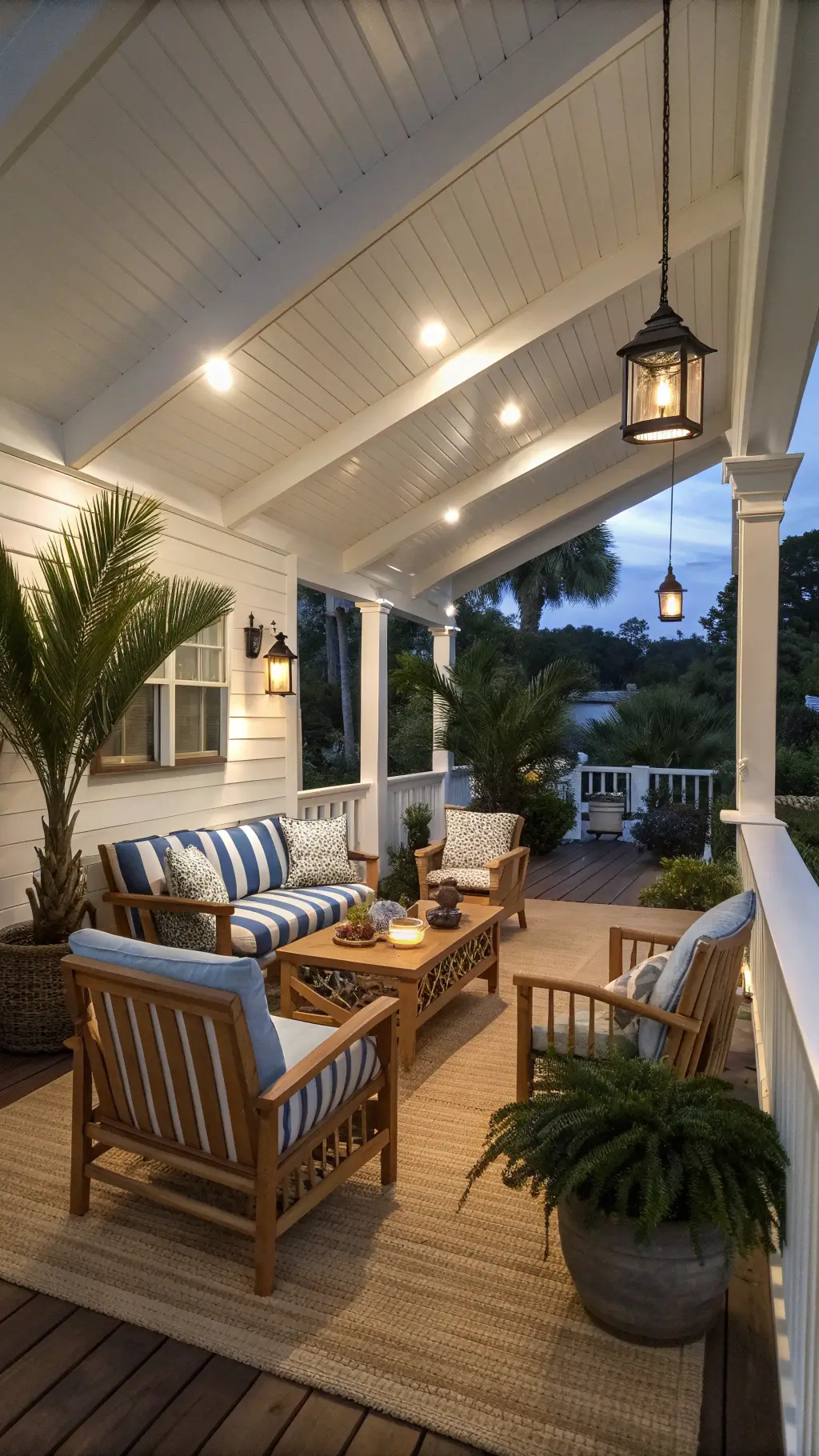 Cozy 12x14ft covered porch with white ceiling, weathered teak furniture with blue striped cushions, potted palms, lanterns, vintage oars on white walls and a natural fiber rug, pictured at dusk with a warm lantern glow from garden view.