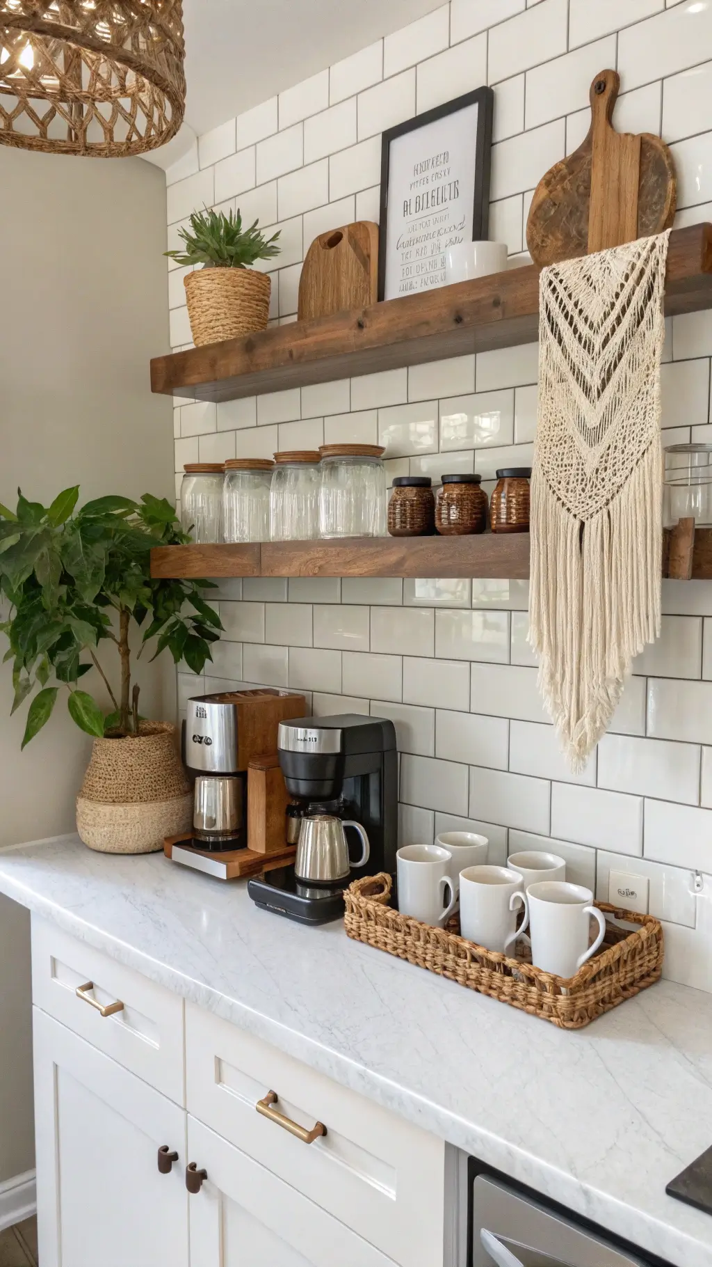 Coastal Kitchen Design: Your Ultimate Transformation Guide Coastal coffee station with reclaimed wood shelves and artisanal mugs