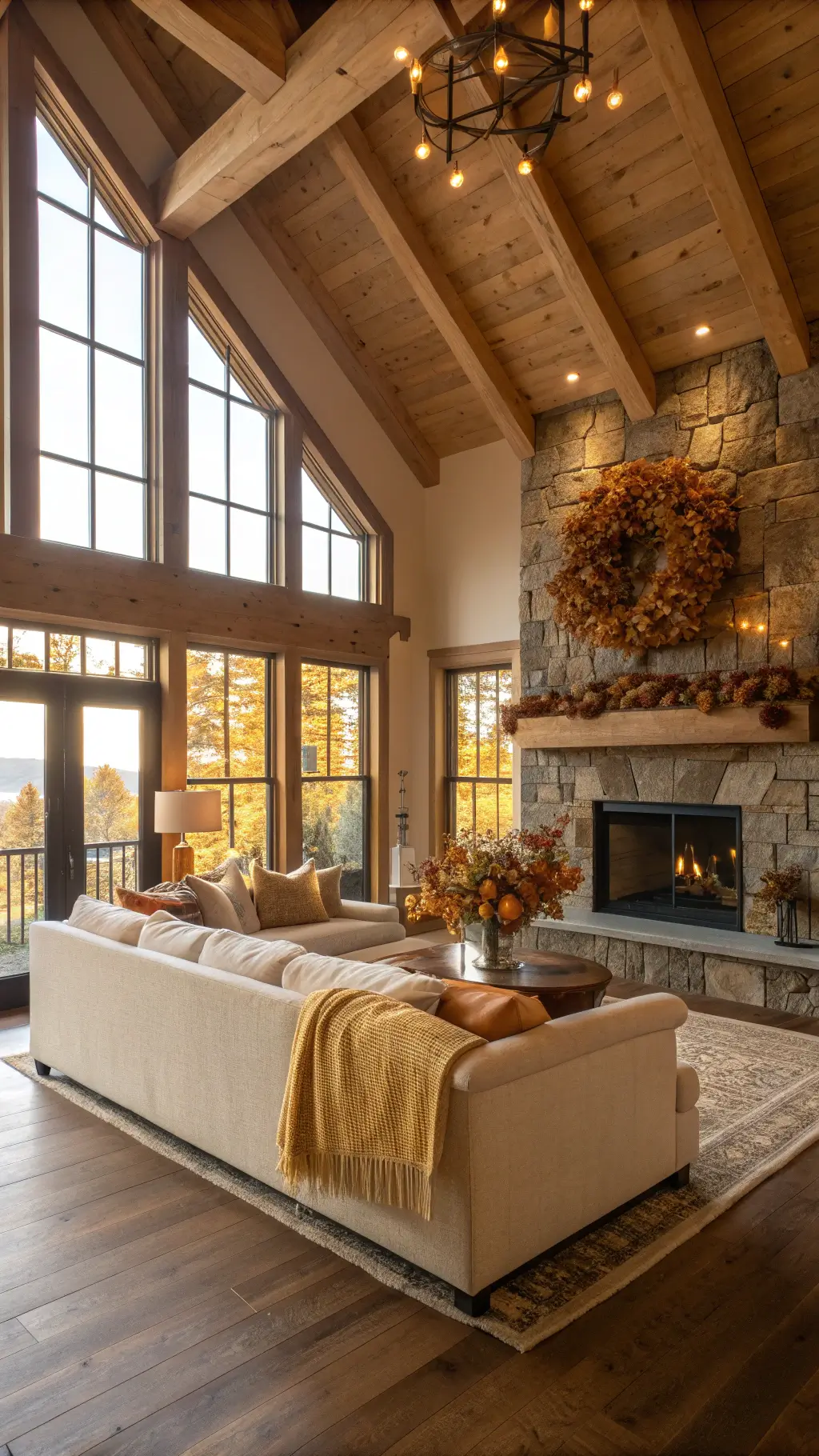 Bright living room with exposed wooden beams and floor-to-ceiling windows, featuring a large cream sectional, stone fireplace adorned with preserved oak leaf garlands and dried hydrangeas, illuminated by warm, soft lighting.
