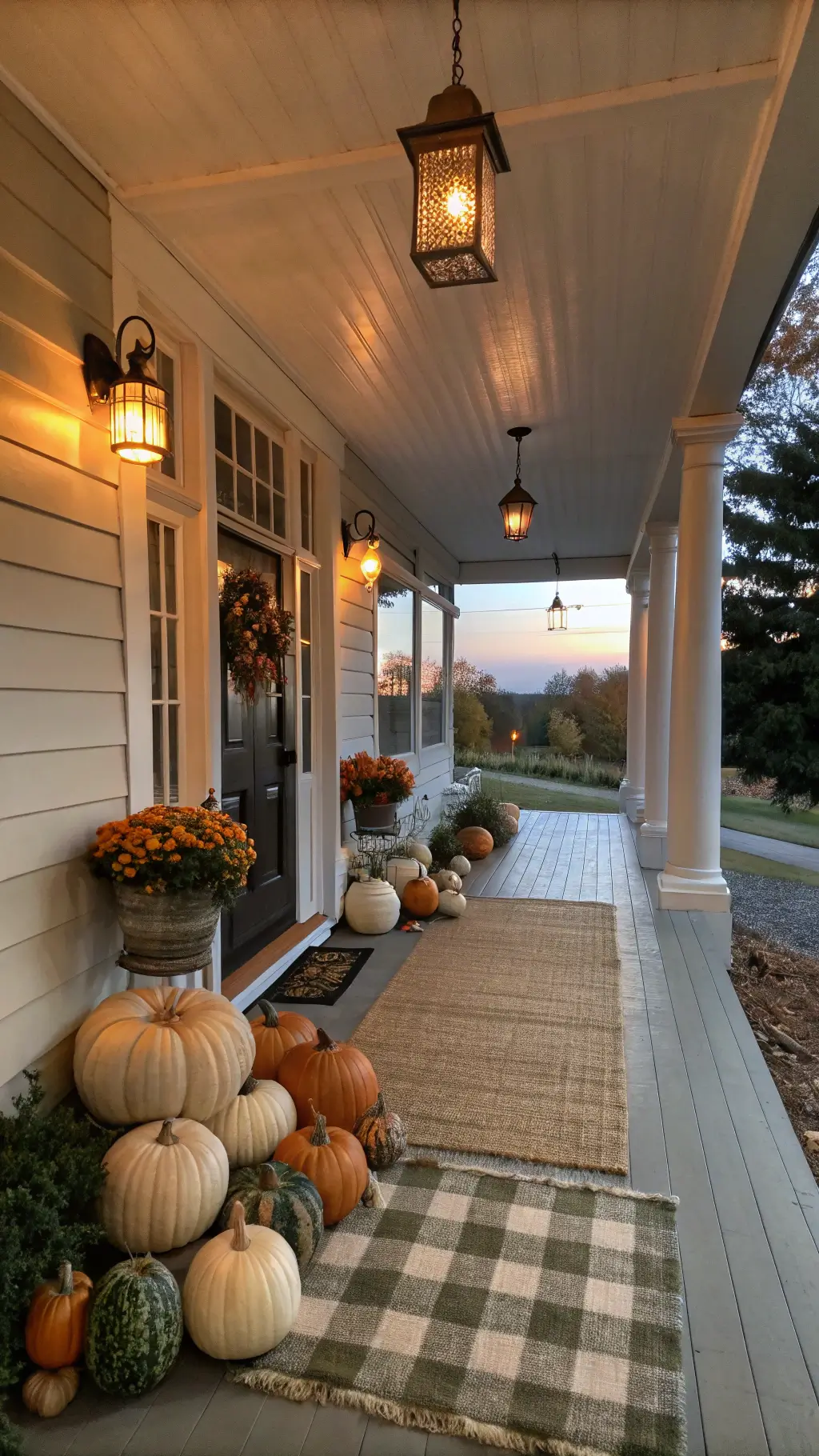Rustic farmhouse porch at twilight featuring copper lanterns, layered jute and buffalo check doormats, and a collection of cream, sage, and copper-toned pumpkins creating a warm autumnal ambiance.