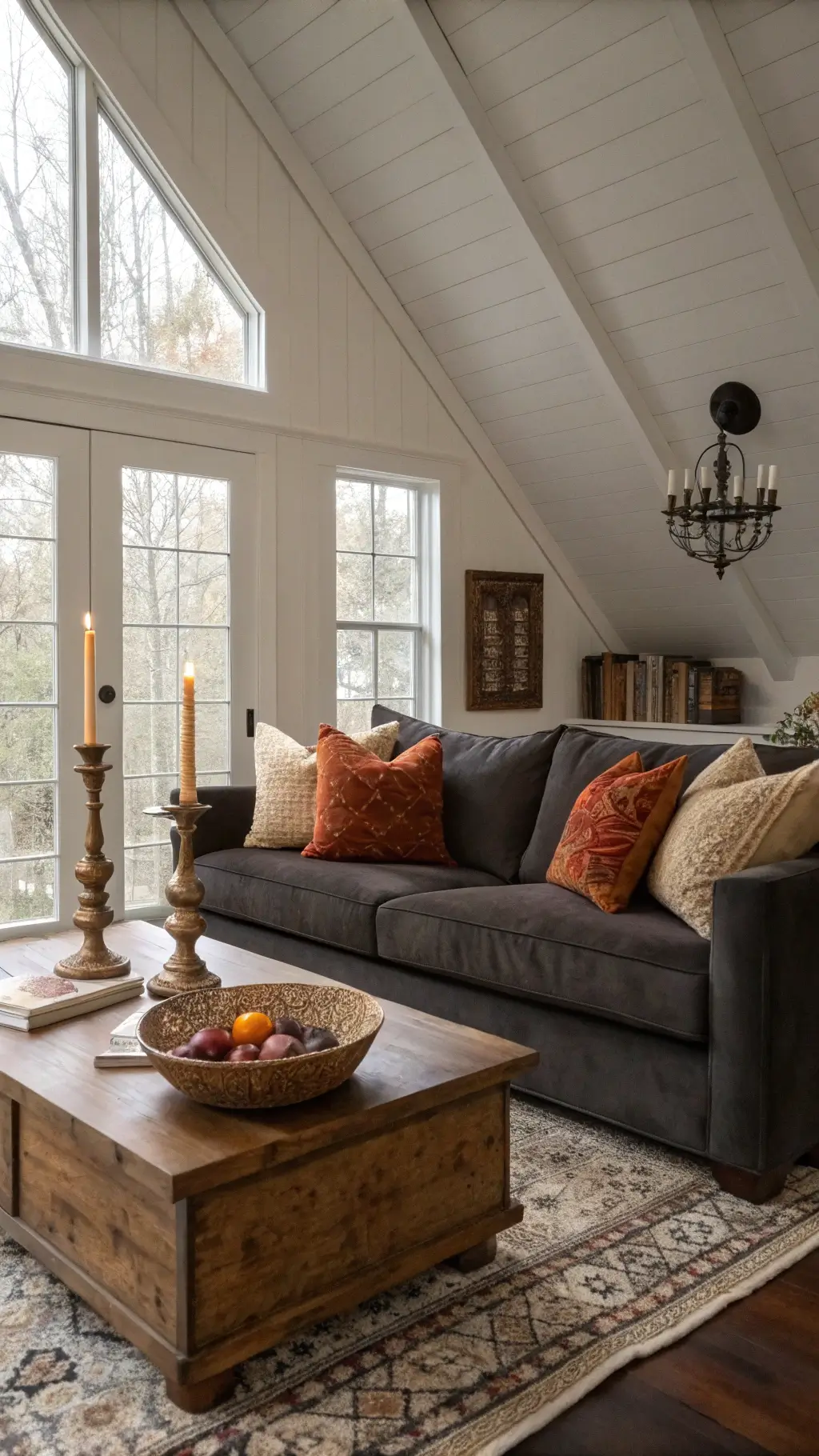Inviting family room with cathedral ceiling, charcoal velvet sofa adorned with textured pillows, coffee table featuring brass candlesticks, vintage books, and wooden bowls, illuminated by soft overcast light.