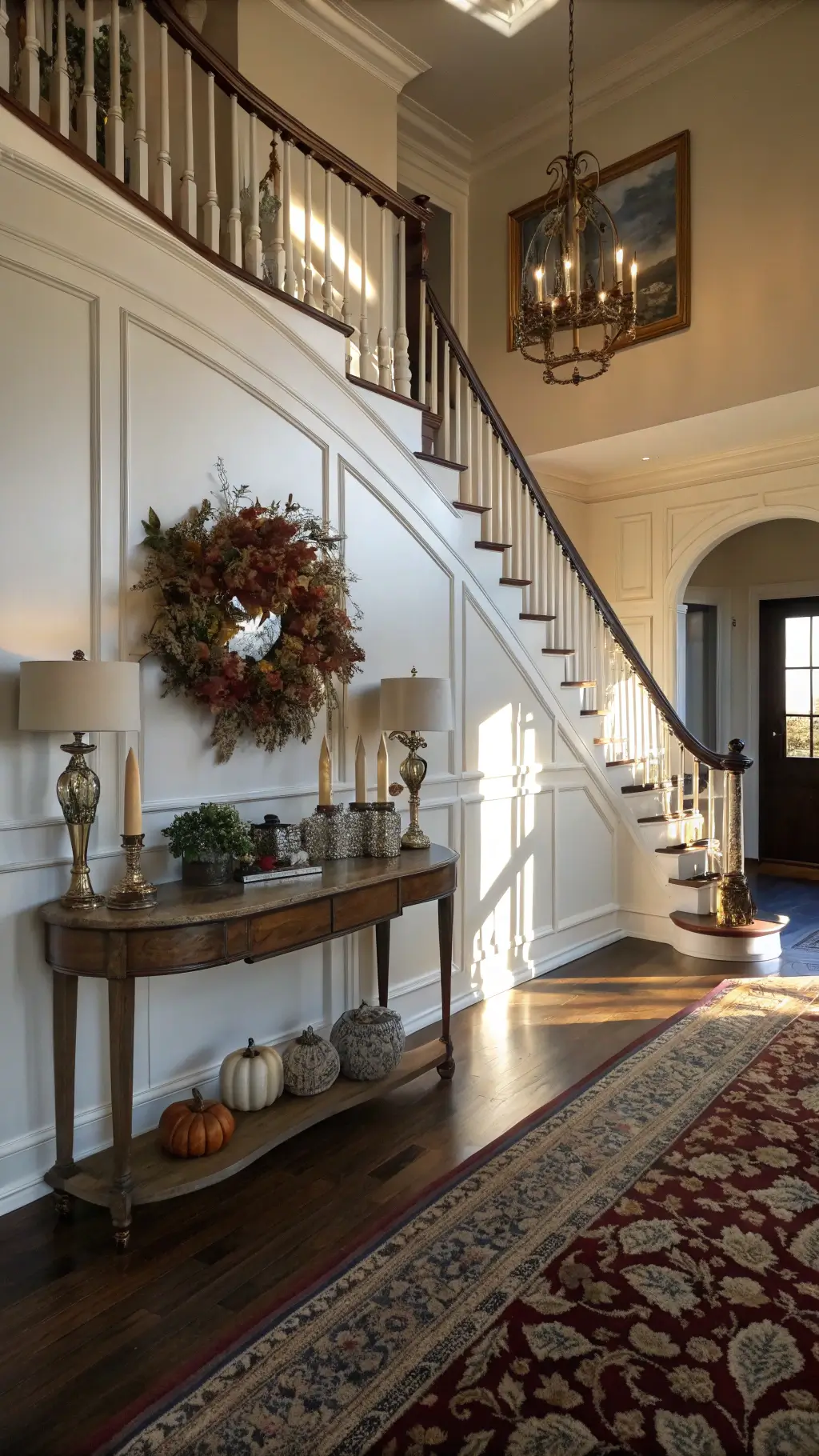 Classic foyer with curved staircase, wainscoting, styled console table with autumn decor, Persian runner rug, bathed in warm late afternoon light.