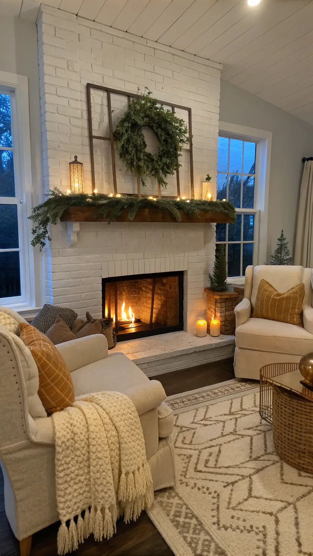 Modern cottage living room with twilight blue walls, linen slipcovered chairs, eucalyptus garland on mantel, amber glass candle holders, and cable knit throws in caramel and cream.