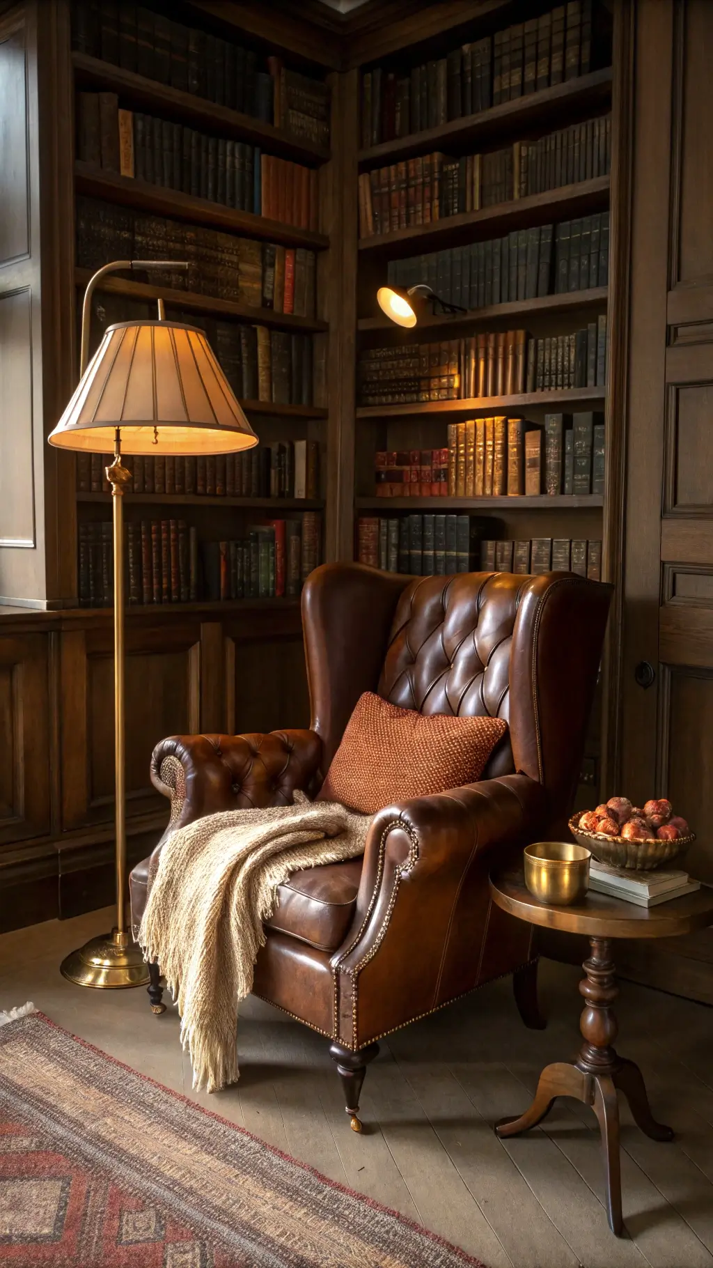 Classic library with built-in bookcases, leather wingback chair, and brass floor lamp, creating a cozy reading nook.