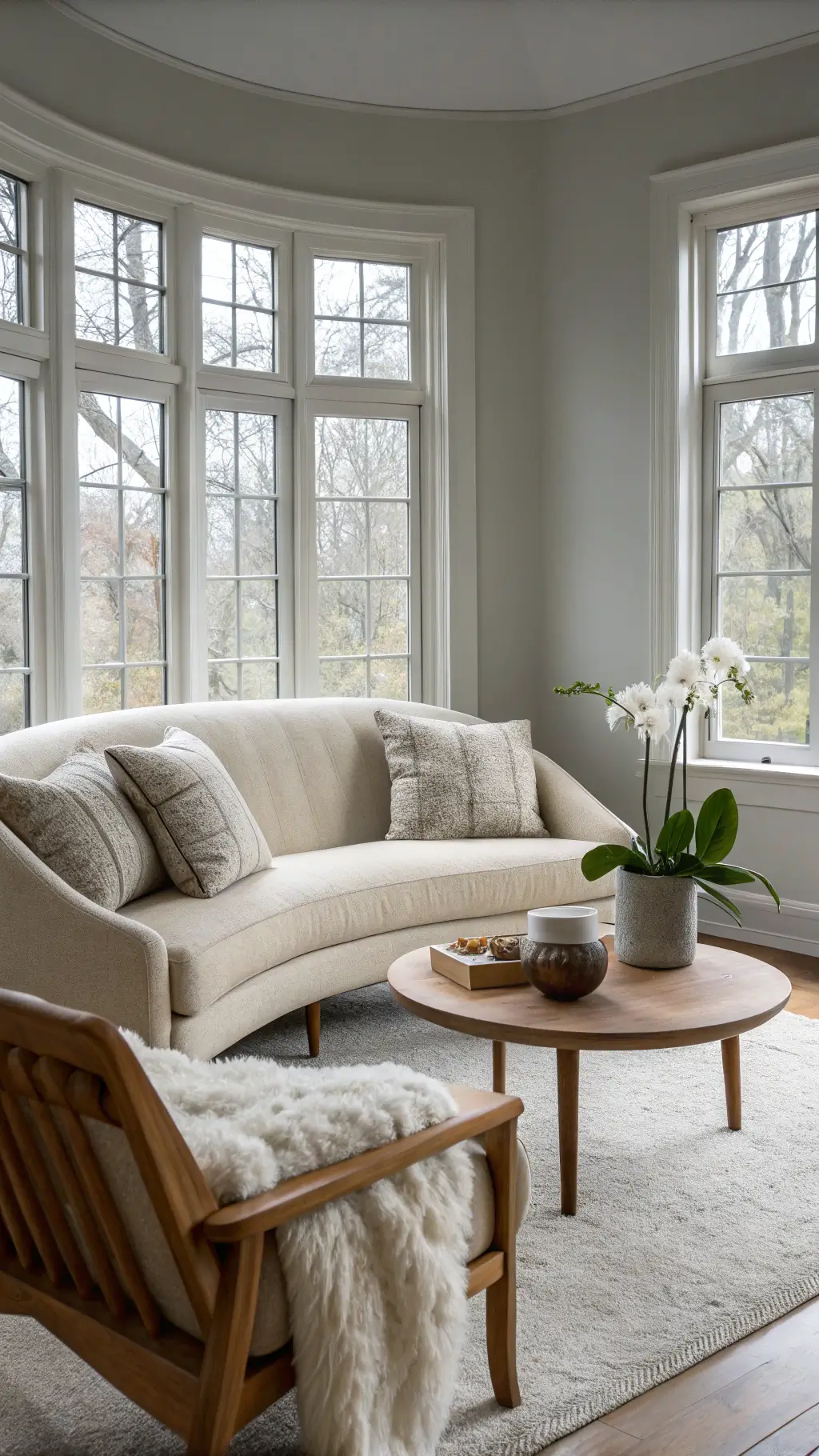 Scandinavian sanctuary with diffused morning light, beige sofa, wooden coffee table, minimalist ceramics, white orchid, sheepskin throw on bentwood armchair