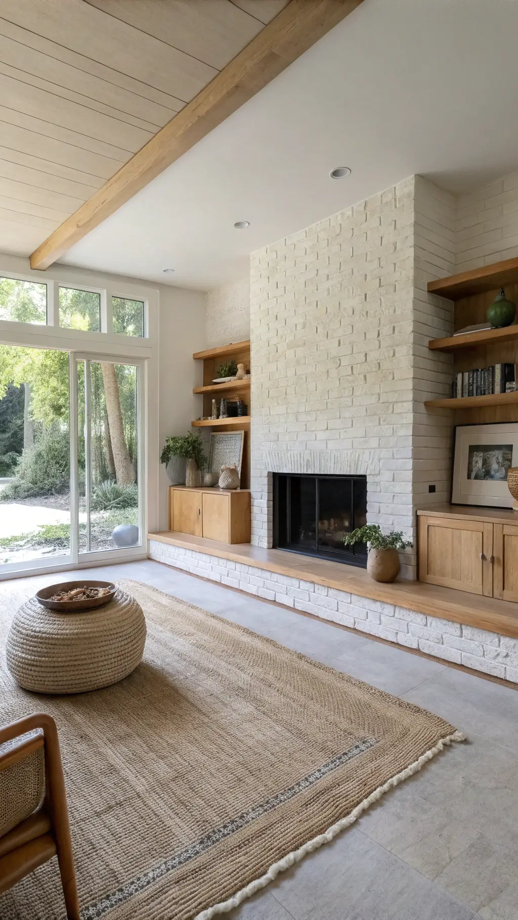 Minimalist living room with light maple built-ins, whitewashed brick fireplace, linen seating, handwoven jute rug on concrete floor, ceramic vessels on floating shelf