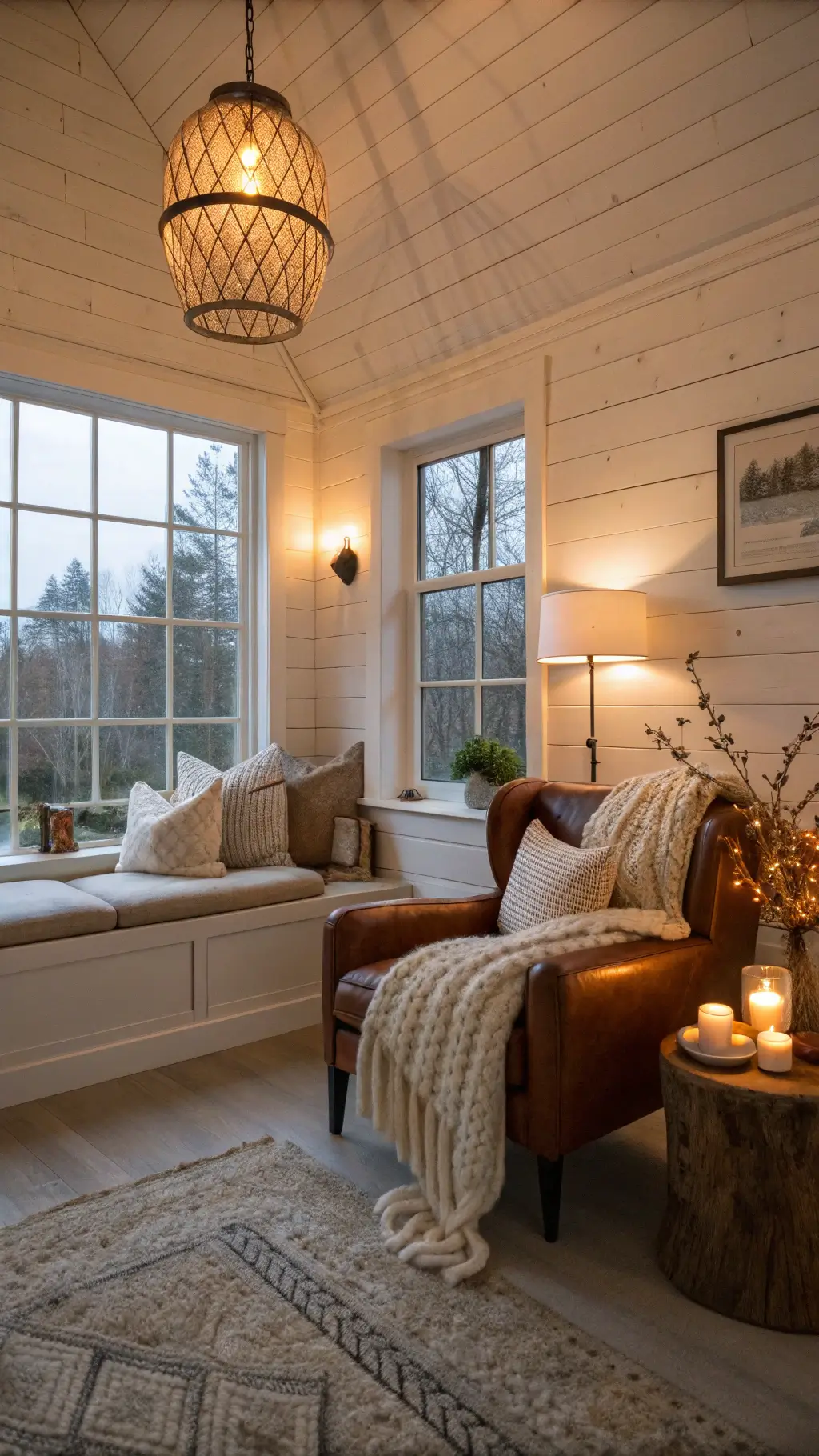 Cozy twilight living room with warm white textured walls, oversized window seat with chunky knit throws, alpaca pillows, vintage cognac leather armchair, pale oak side table, paper pendant light