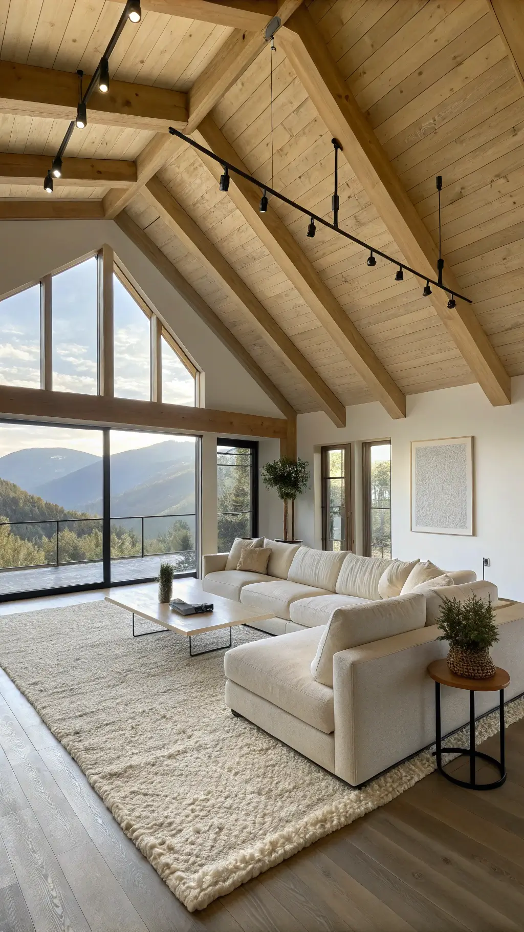Minimalist living room with exposed light wood beams, floor-to-ceiling windows with mountain views, ivory bouclé sectional on wool rug, marble coffee table, ceramics, black accent lighting