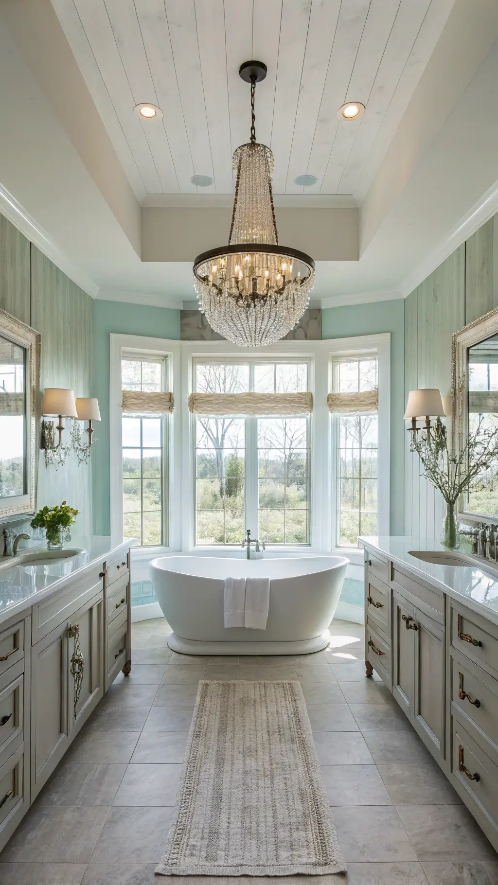 Coastal Vanity Lighting Options Spacious primary bathroom with statement chandelier, dual vanities, and freestanding tub illuminated by natural morning light