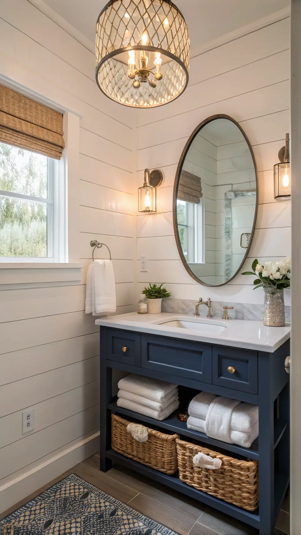 Vanity Lighting's Impact on Coastal Bathroom Design Coastal-inspired guest bathroom at dusk with white shiplap walls, navy vanity, aged nickel light bar, seagrass basket, and capiz shell pendant casting delicate shadows