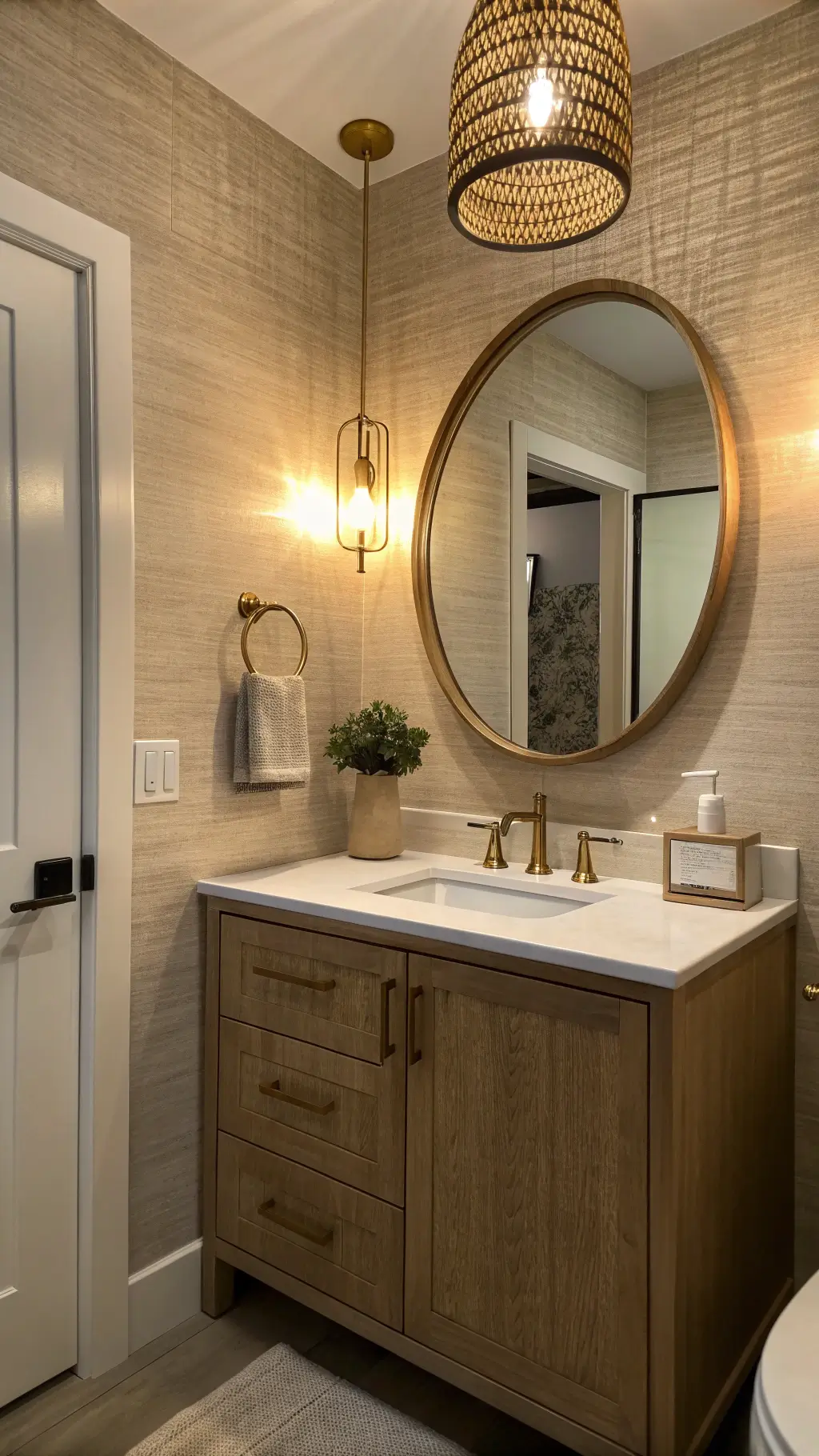 Budget-Friendly Coastal Bathroom Lighting Intimate 6x8ft powder room with textured grasscloth wallpaper, floating oak vanity, white quartz countertop, rattan mirror, and brass swing-arm sconce