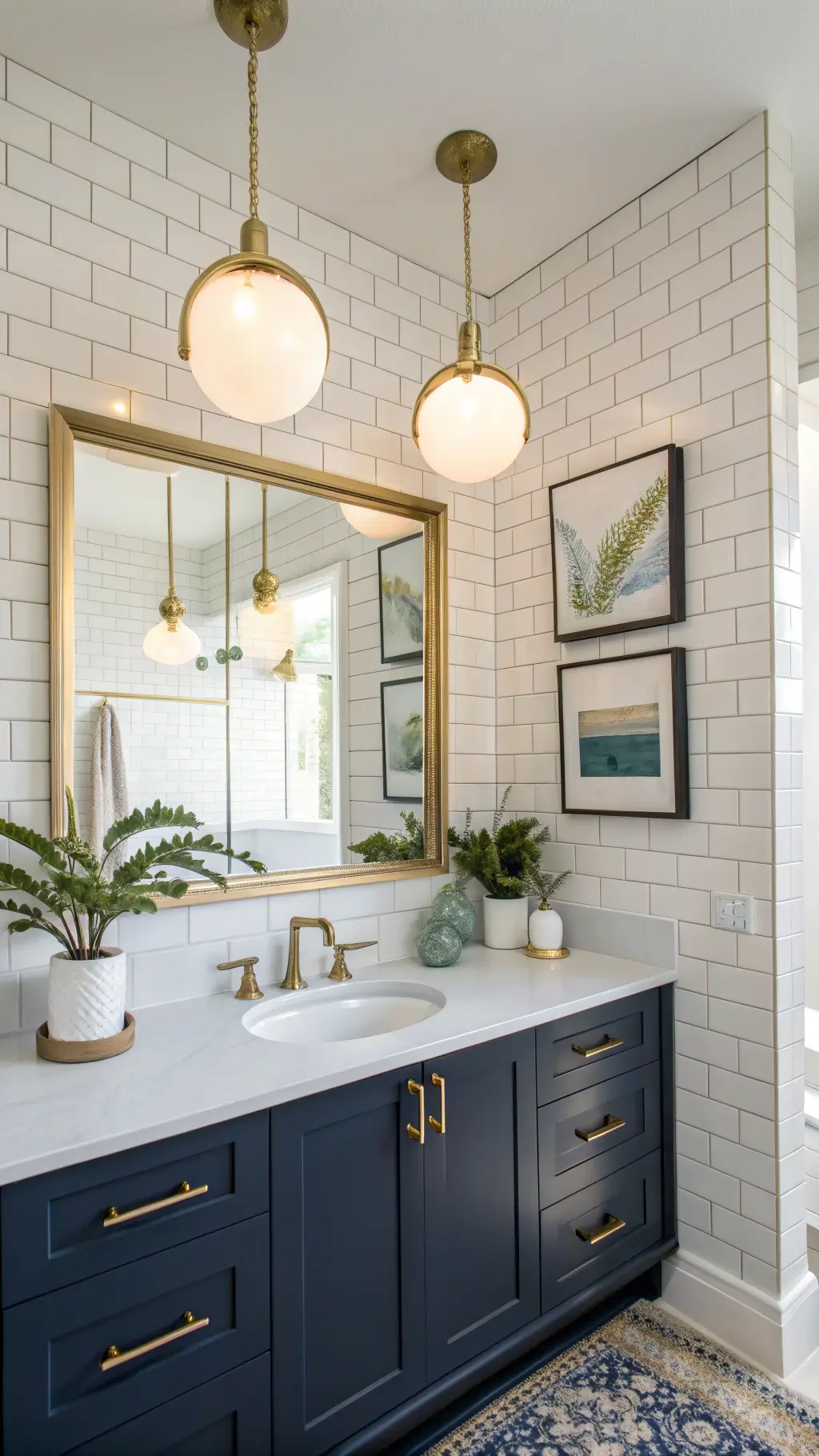 Coastal Bathroom Color Palette Modern 10x12ft guest bathroom with globe pendants, frameless mirror, white subway tile backsplash, matte navy vanity, coastal art, and air plants