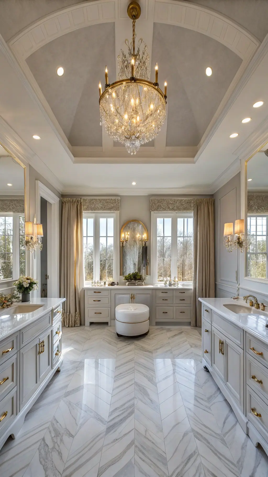 Texture and Contrast in Coastal Bathrooms Elegant primary bathroom bathed in sunrise light, featuring crystal chandelier, antique brass vanities, marble herringbone floor, pale gray and white tones, and sheer drapes