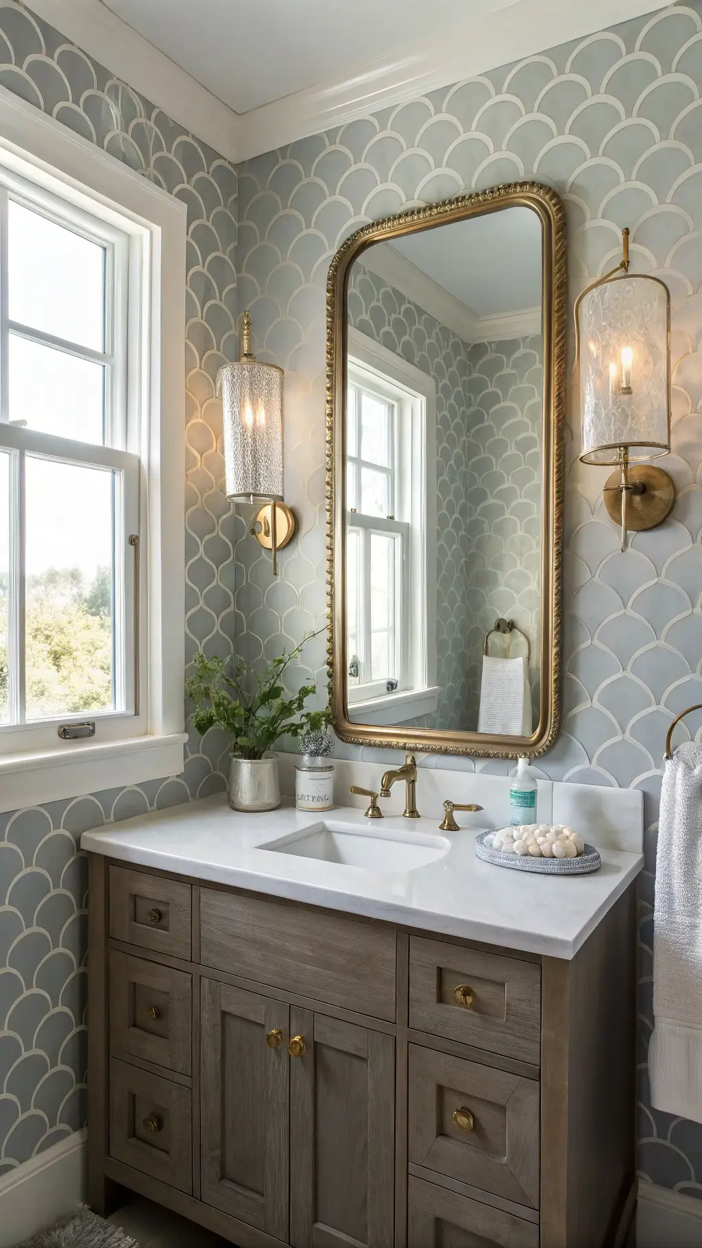 Vanity Lighting Placement Tips Compact powder room with glass bubble sconce, vintage mirror, floating driftwood gray vanity, silver wave wallpaper, and mother-of-pearl soap tray, lit by natural light