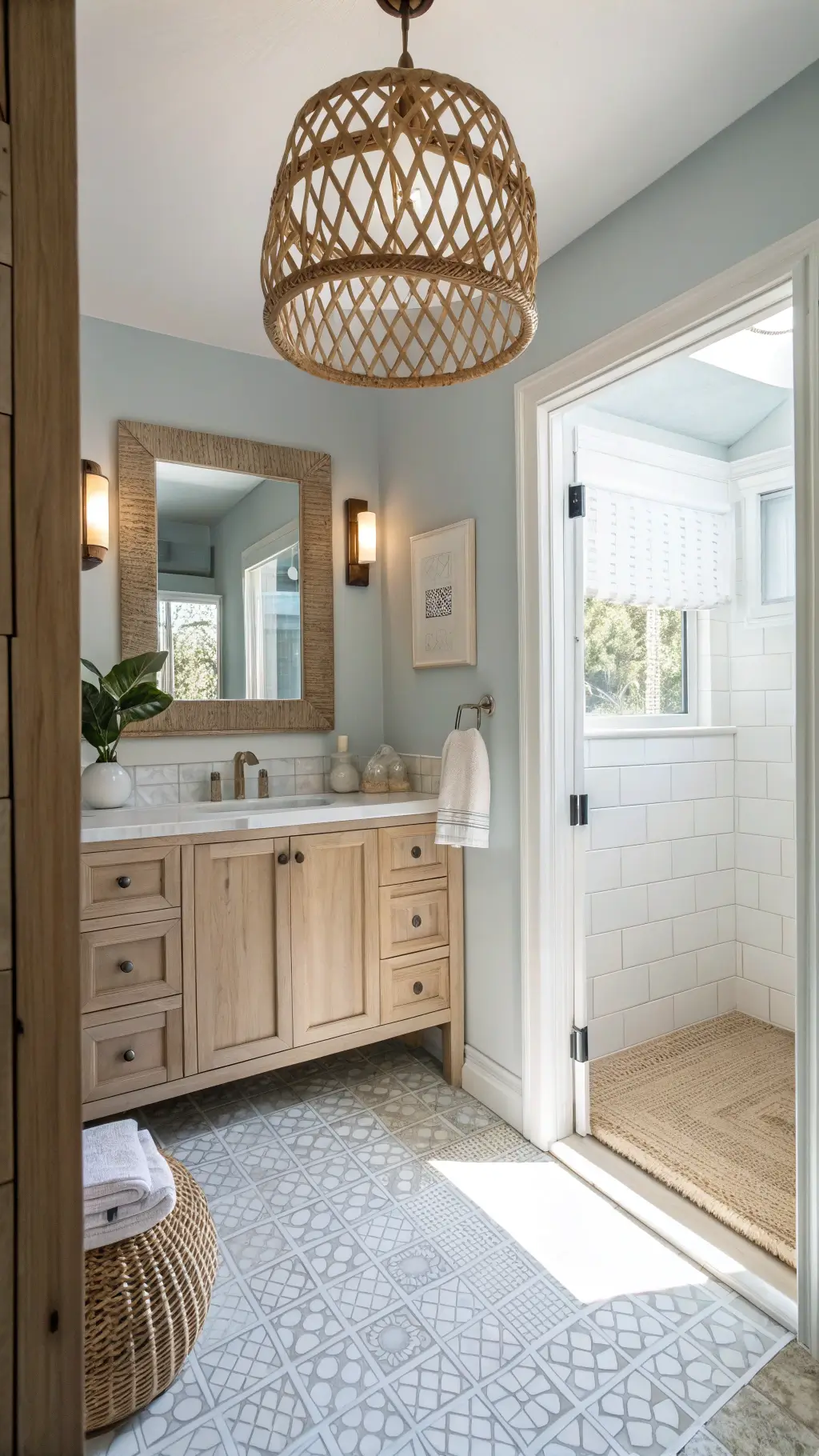 Seasonal Coastal Bathroom Updates Airy guest bathroom with white oak vanity, rattan pendant lights, seeded glass sconces, pale blue-gray walls, white penny tile floor, and macramé wall art