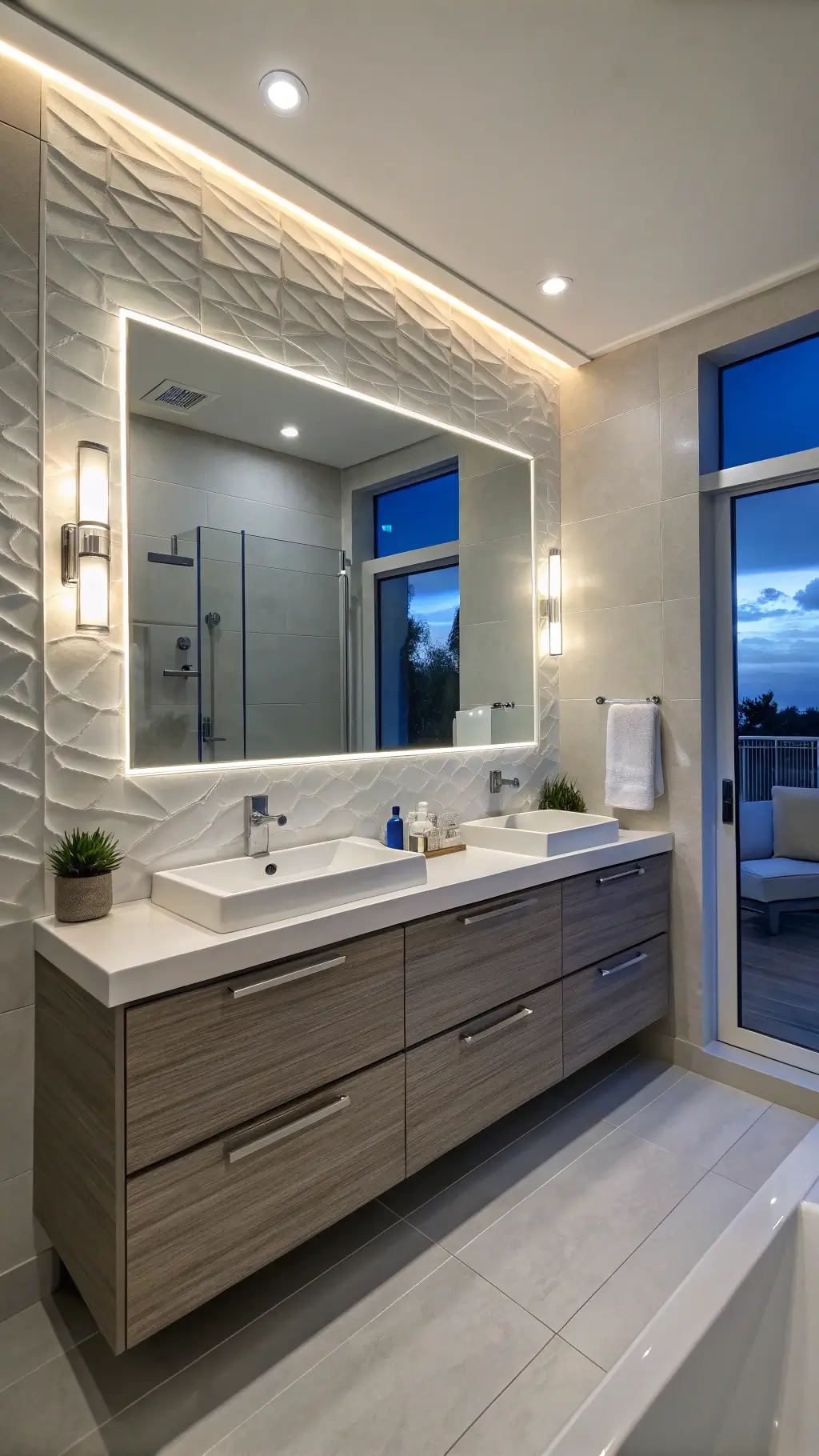 Photography Tips for Coastal Bathrooms Modern bathroom with LED vanity lighting, backlit mirror, porcelain tile walls, and chrome and glass accents during blue hour