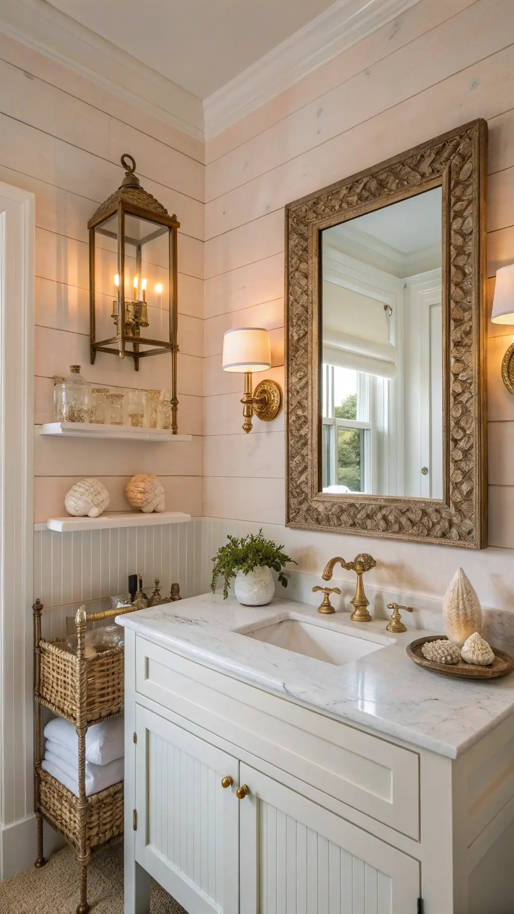 Timeless Coastal Bathroom Lighting Tranquil powder room glowing in golden hour light, featuring large brass lantern sconce, carved wood mirror, soft white vanity with marble top, pale blush grasscloth walls, and shell display on floating shelves